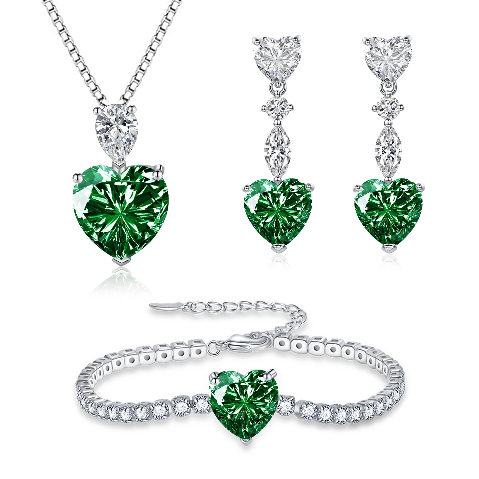 Juego de joyas de plata para mujer, collar de plata de ley 925, pendientes y pulsera, 3 colgantes con cadena de 45 cm, pendientes colgantes y pulsera, juego de joyas de corazón con circonitas