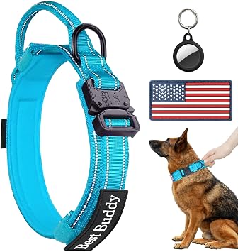 AUBELL Reflective Tactical Dog Collar,Adjustable Military Heavy Duty K9 Collars with Handle and Quick Release Metal Buckle Great for Medium Dogs, with Airtag Case and 2 Patches Blue,M