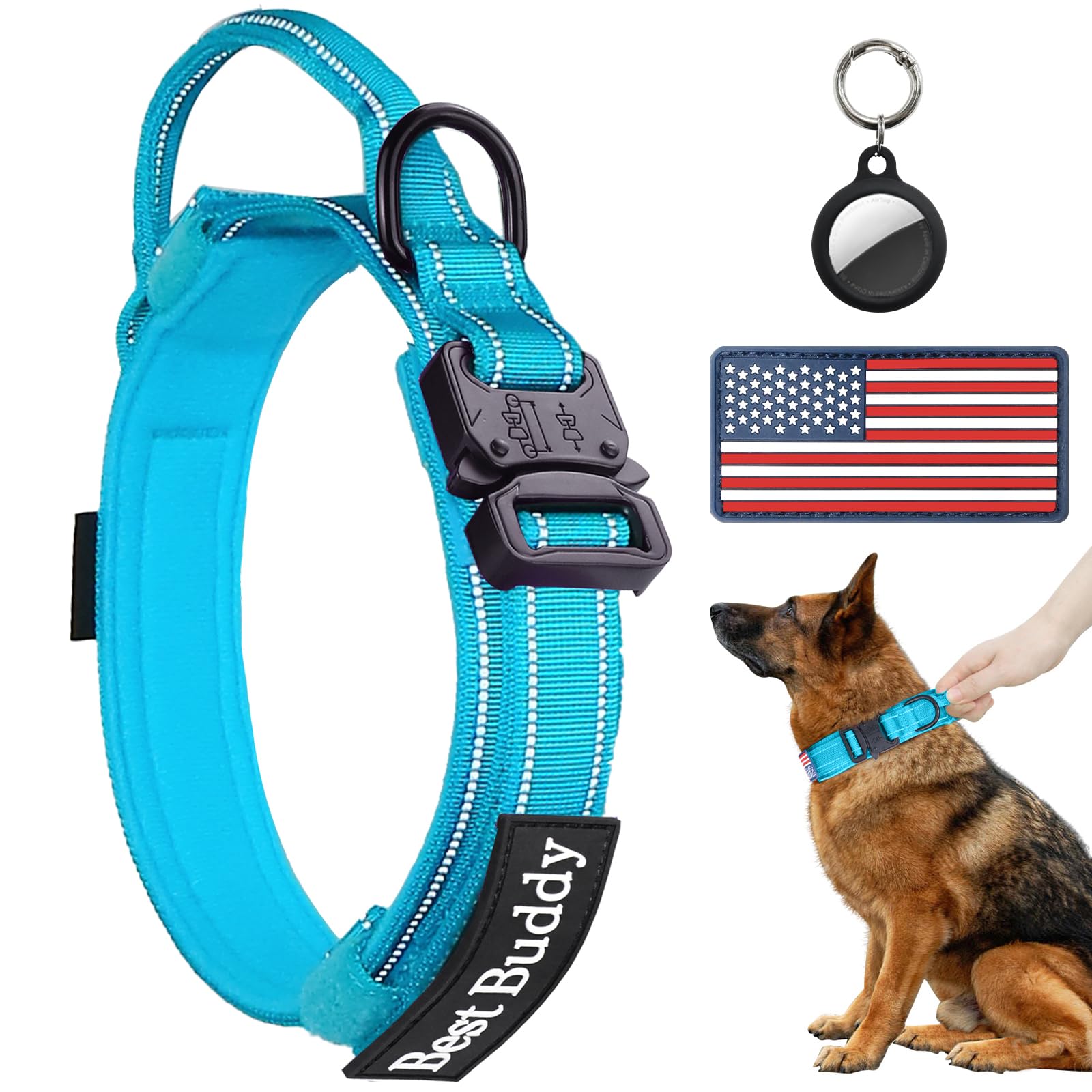 AUBELL Reflective Tactical Dog Collar,Adjustable Military Heavy Duty K9 Collars with Handle and Quick Release Metal Buckle Great for Large Dogs, with