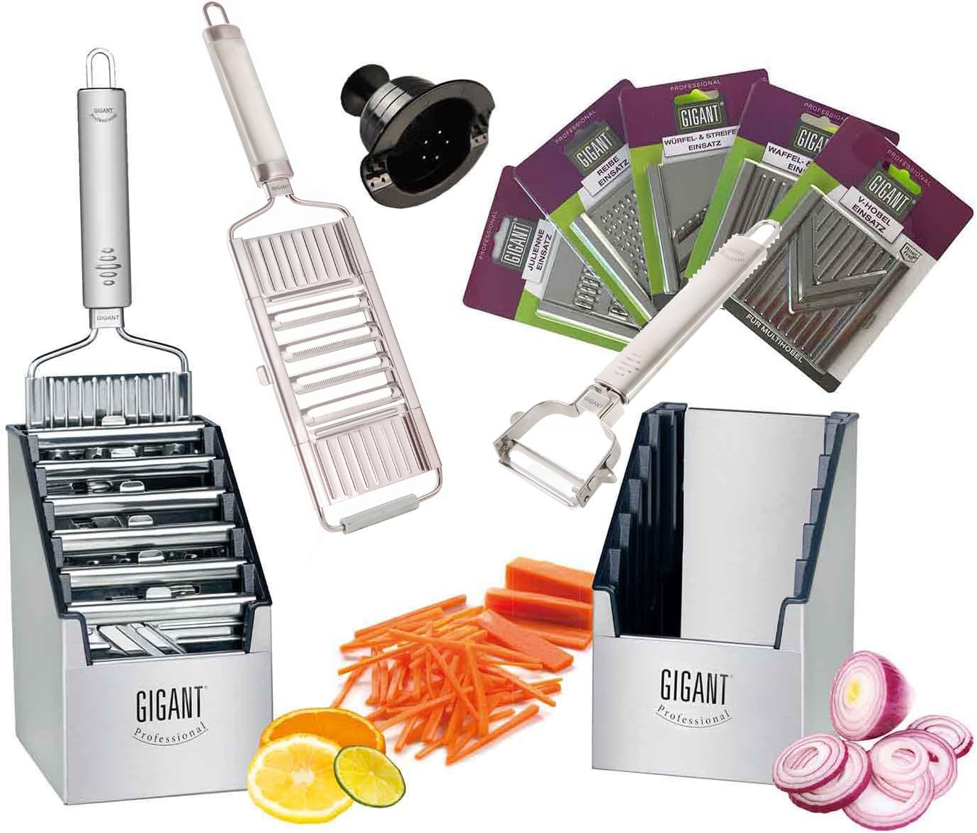 MuxelGigant Quadruple Vegetable Slicer in Multi-Box with 5 Extra Inserts and Peeler