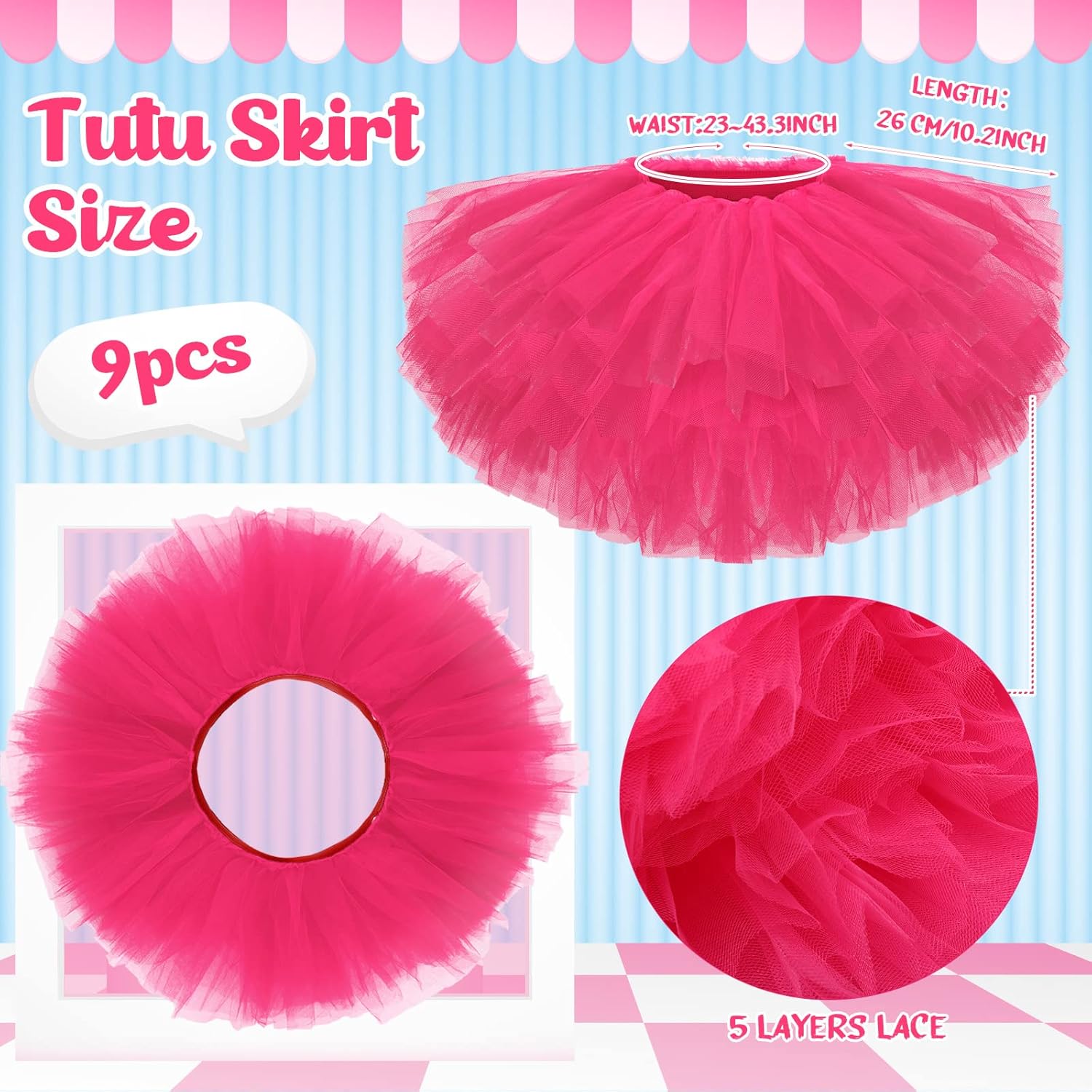 Handepo 9 Pcs Adult Tutu Skirts for Women 5 Layers Tulle Skirt Classic Elastic Tutu for Halloween Ballet Dance Party - Image 3