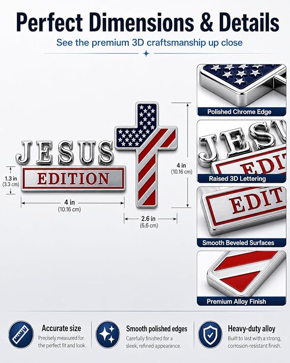 Blessed Jesus Edition Cross Emblem Metal Badge, 3D Chrome Metal American Flag Car Emblem, We The People Patriot Flag Auto Decal Stickers for Car, Truck, SUV, RV, Motorcycle(1PC)