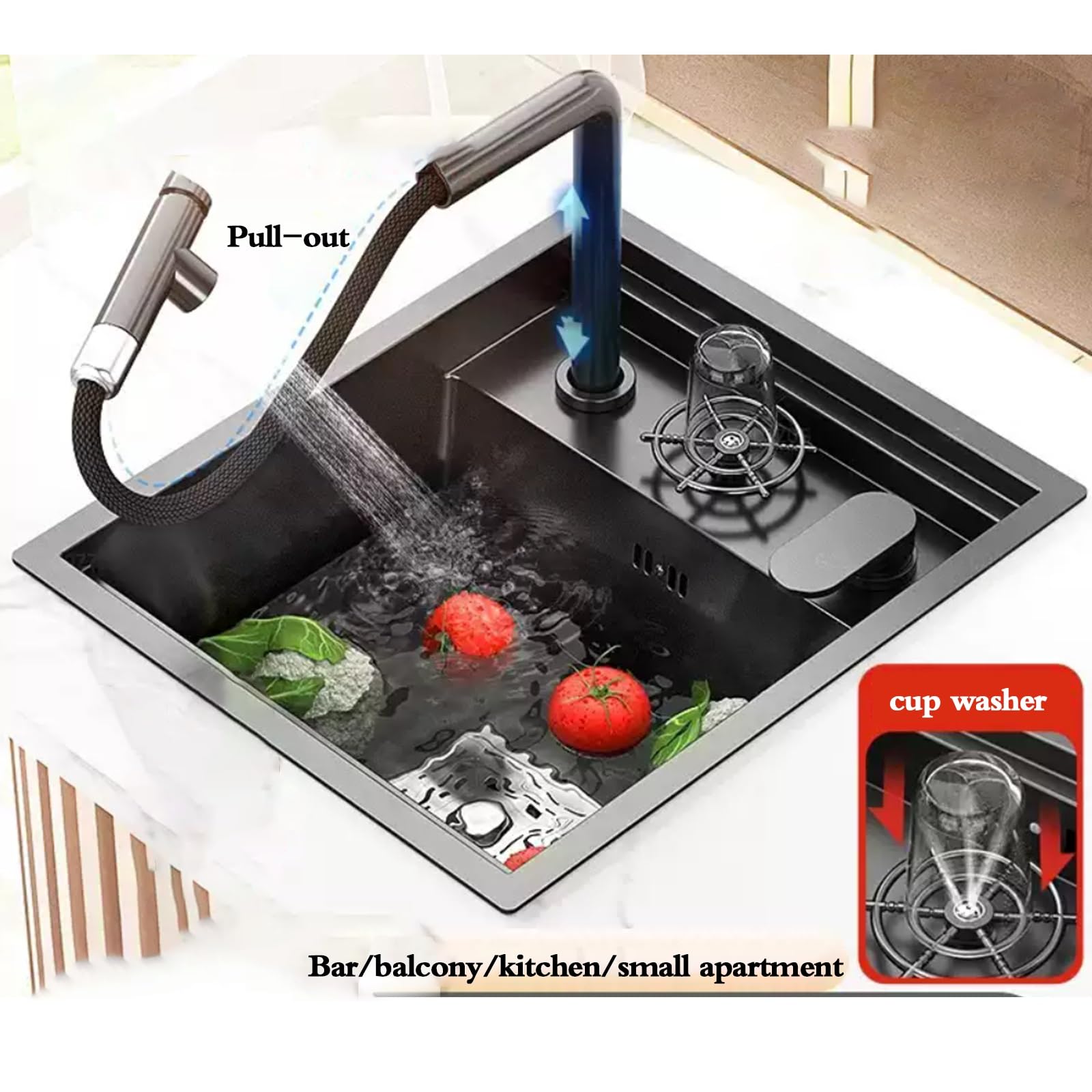 Küchenspüle mit einem Becken, unsichtbarer Einbaurahmen, mit Abdeckung, Kücheninsel, Bar, Café, Edelstahl-Siphon, ausziehbarer Armatur, spülmaschinenfesten Bechern
