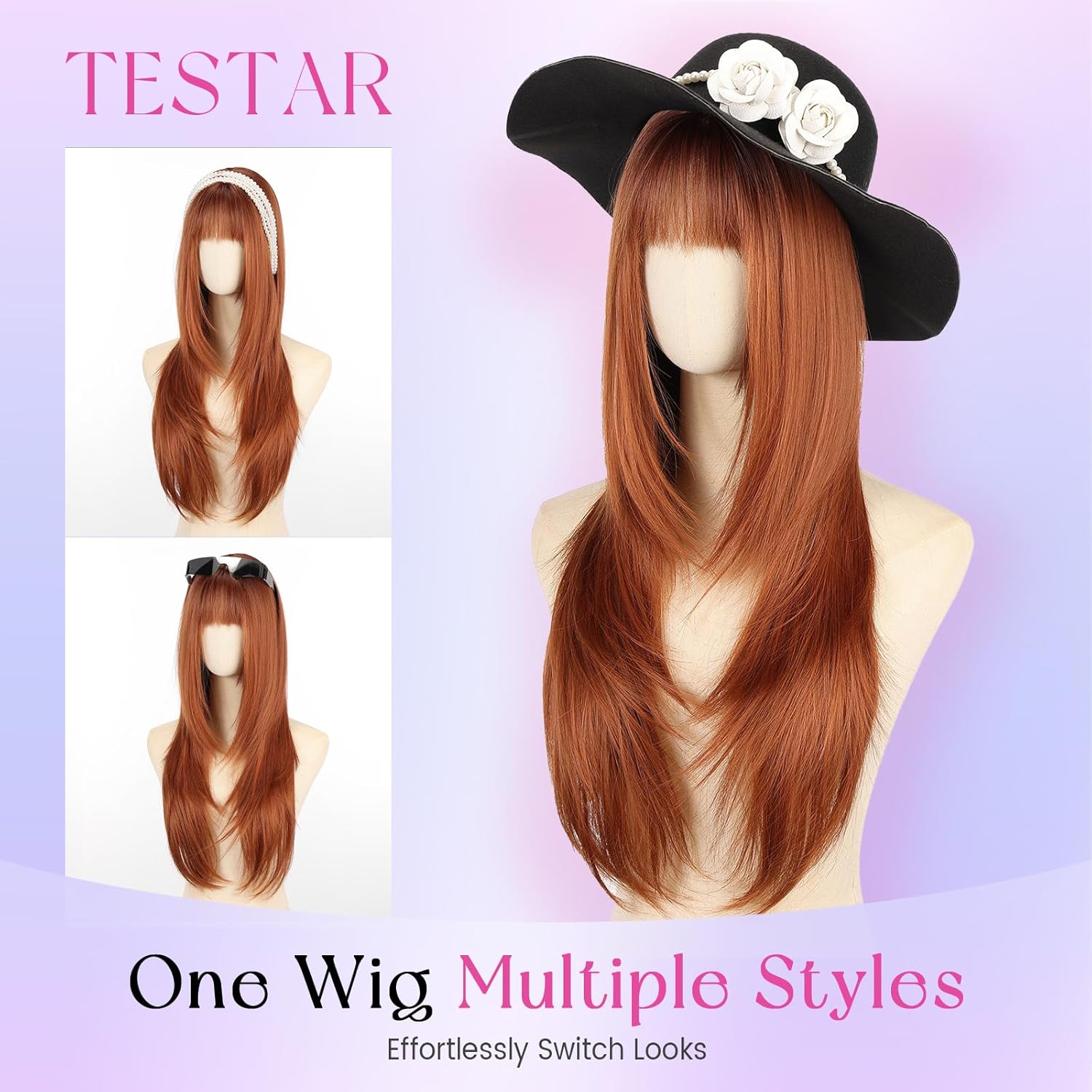 testar Long Orange Straight Wigs With Bangs Long Ombre Orange Synthetic Wigs for White Women Daily Use 26IN