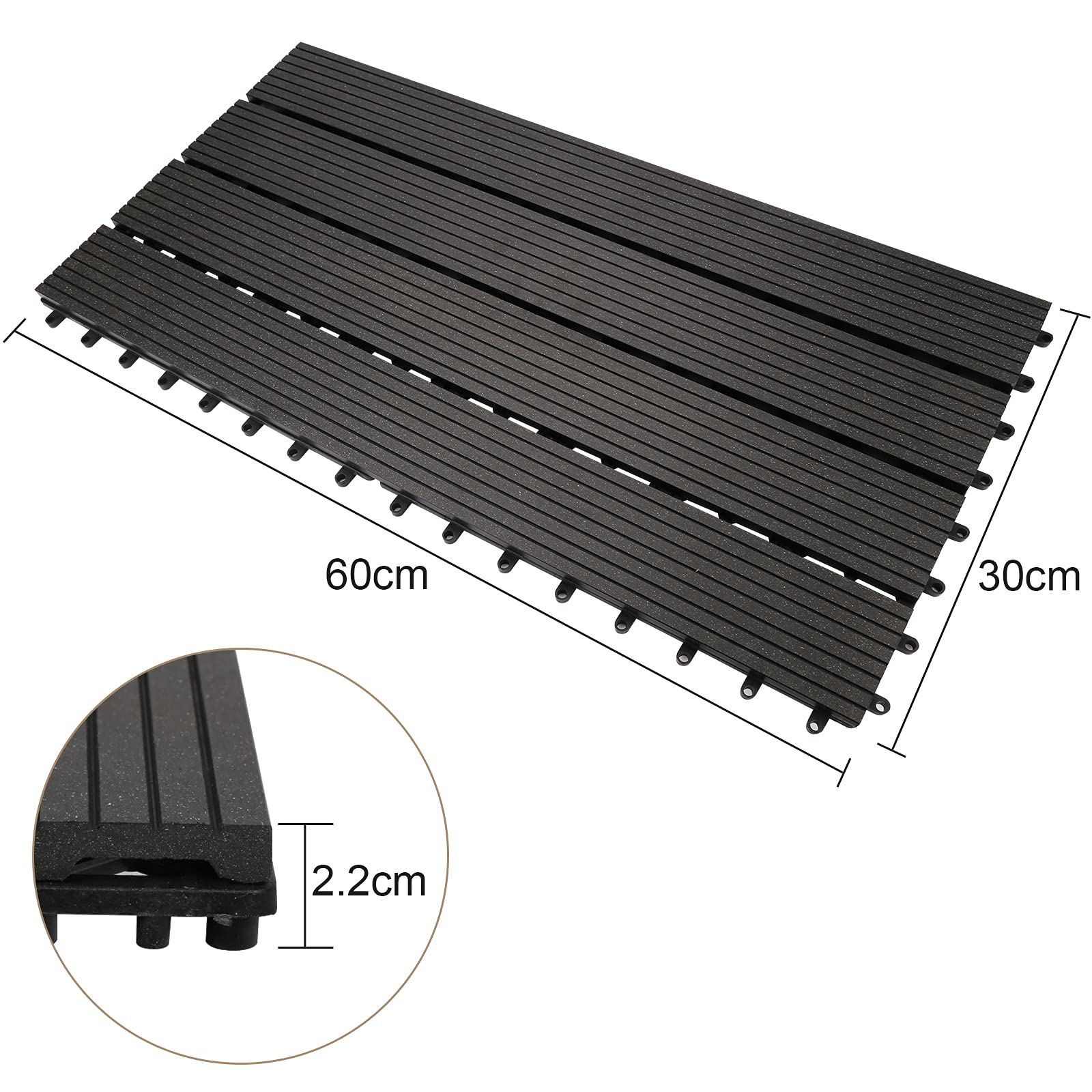 Terrassenfliesen Holzfliesen Balkon Bodenbelag 5m² Bodenplatten mit Drainage und Klicksystem, für Fliesen Innen Außen Garten, 30 Stück, 30x60x2 cm, Grau