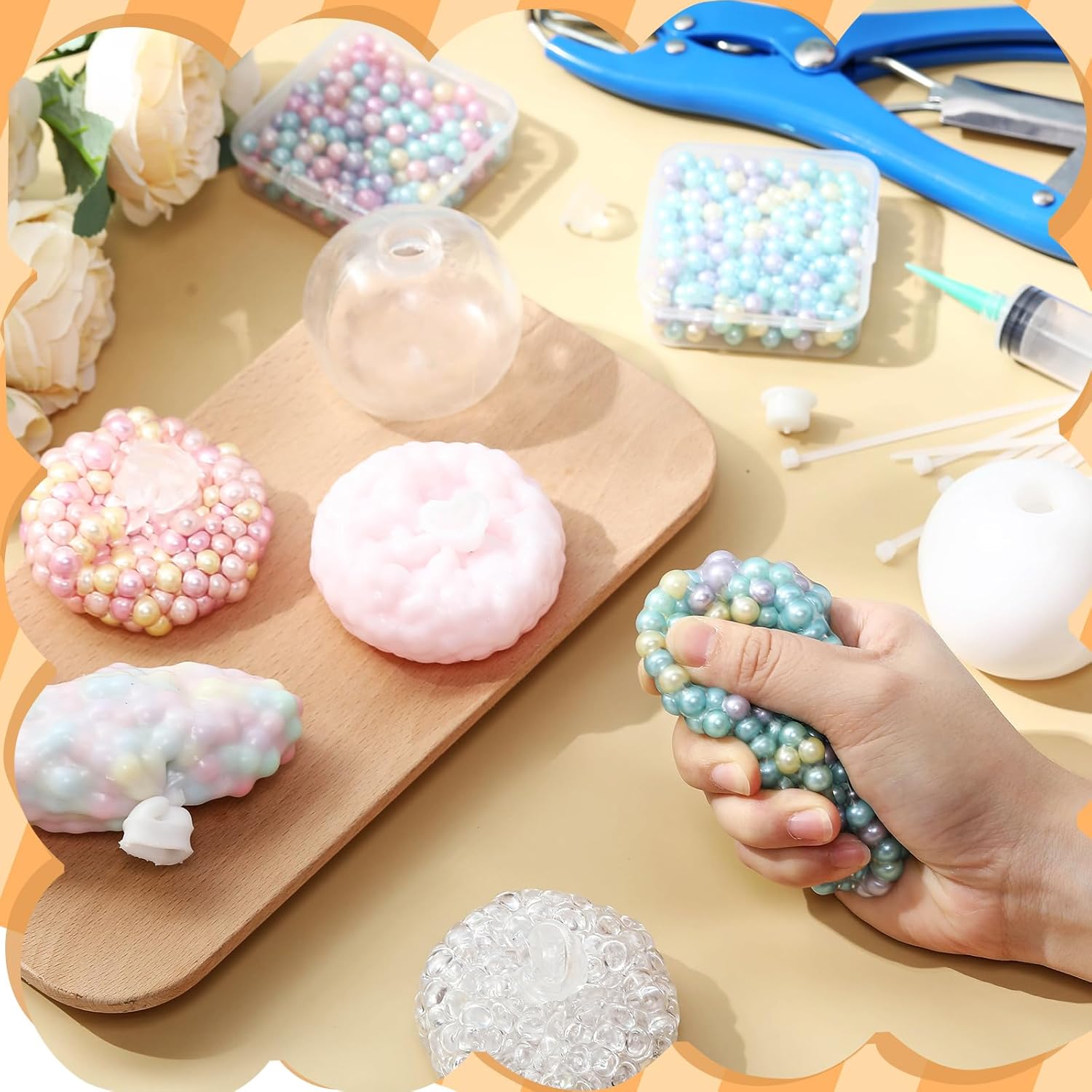 Simgoing 12 Sets DIY Stress Ball Making Kit Milky Blank Stress Ball DIY Kit with 12 Skins Empty Squeeze Balls Fill Beads Expander Tool Vacuum Evacuating Device for Make Pressure Balls(Multicolored,A)