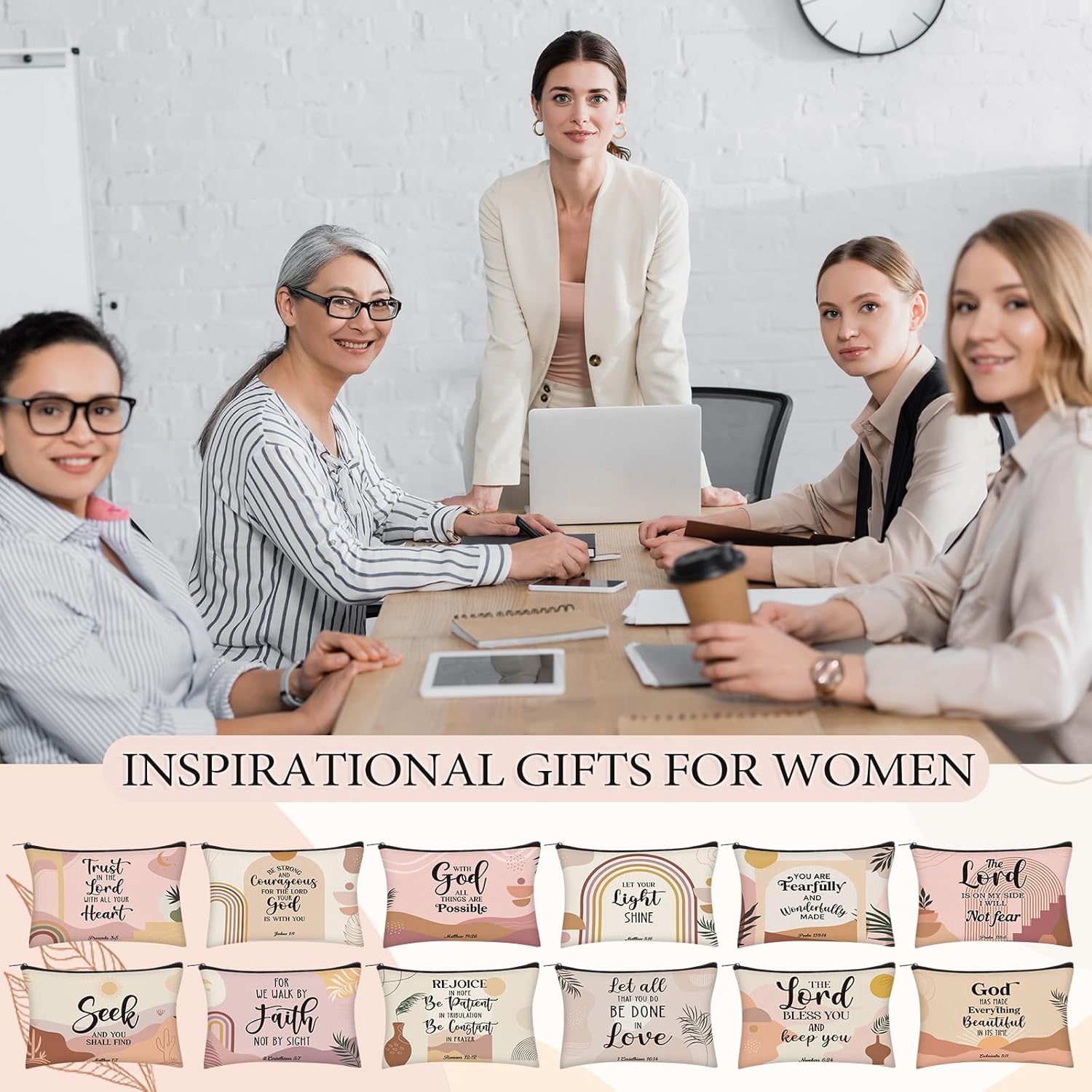 Geelin 24 Pcs Christian Gifts Bulk for Women 12 Religious Canvas Makeup Bags 12 Boho Bible Verse Compact Mirrors Inspirational Church Party Gifts for Women Mother Sister