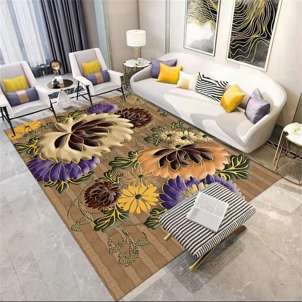 Tapis de salon élégant style champêtre violet et jaune pour grand intérieur