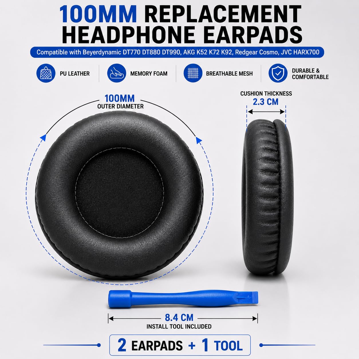 Street27 100mm Replacement Headphone Earpads Compatible with Beyerdynamic DT770 DT880 DT990, AKG K52 K72 K92, Redgear Cosmo, JVC HARX700, PU Leather Memory Foam Ear Cushions — Amazon image 5