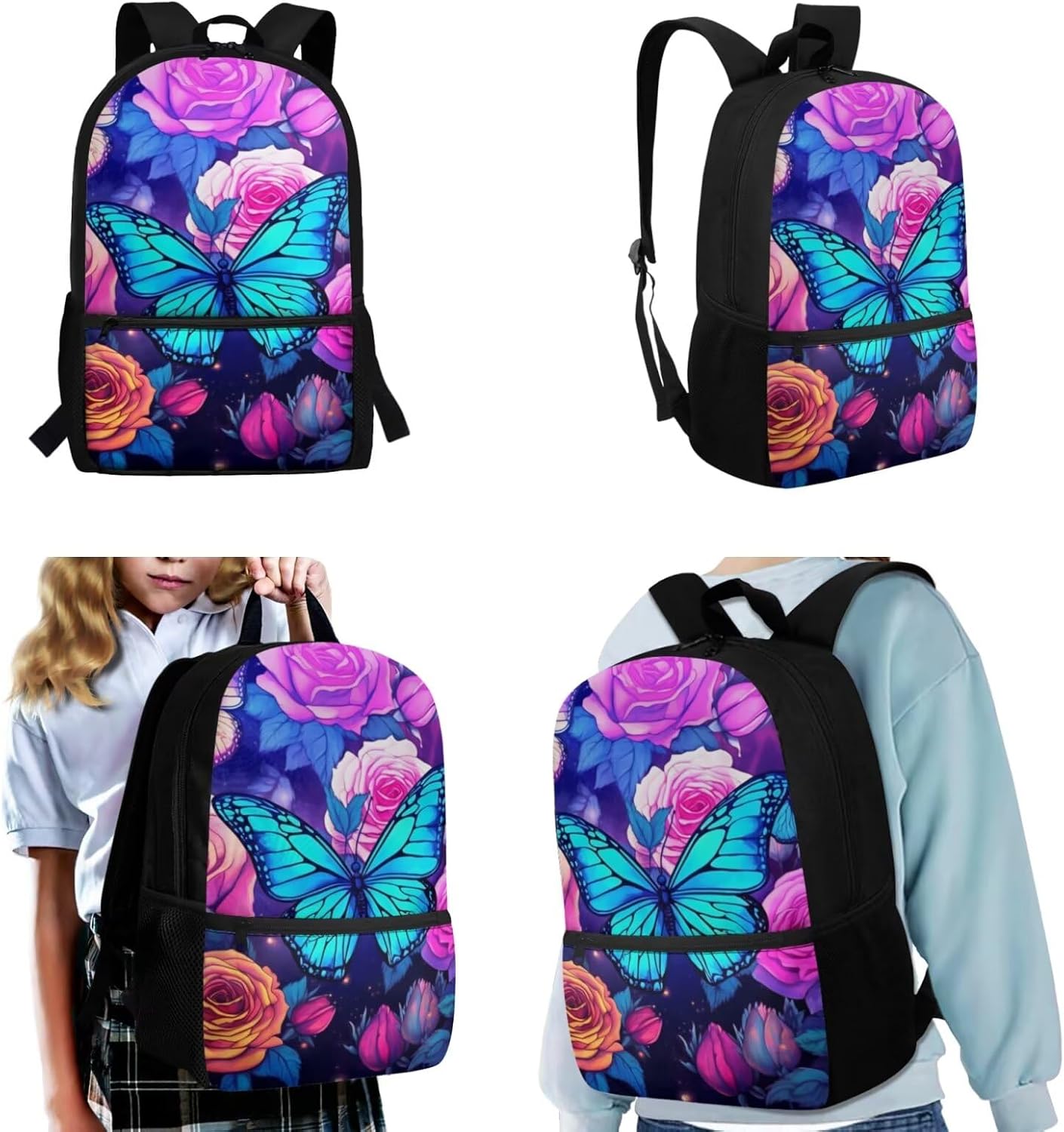 Upetstory Butterfly Backpack for Girls Boys Kids 6-8 8-10 12-14 Kids School Bag Set with Lunchbox Pencil Case Elementary School Kindergarten Middle School Bookbag 6 in 1 Set Travel Hiking Cycling
