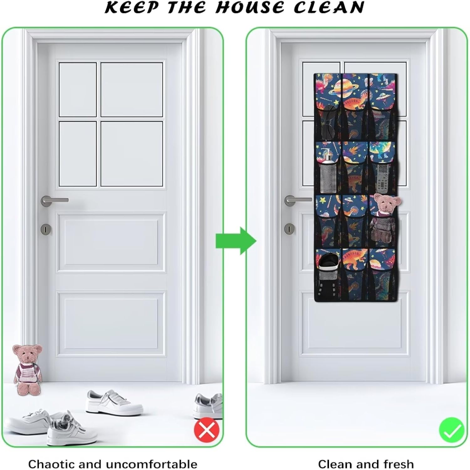 Dinosaurs Over the Door Shoe Organizer Space Saving Hanging Shoe Rack Holder with 12 Pockets Large Capacity Behind the Door Storage for Classrooms, Bedrooms, Dormitories