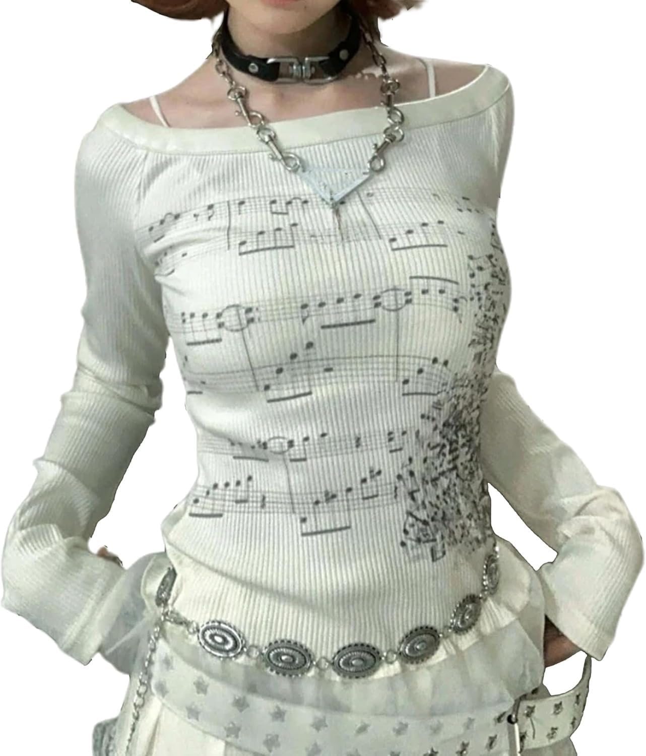 Y2K Emo Grunge Goth Shirt Long Sleeve Off Shoulder Teen Girls T-Shirt Alt Top 2000s Clothes