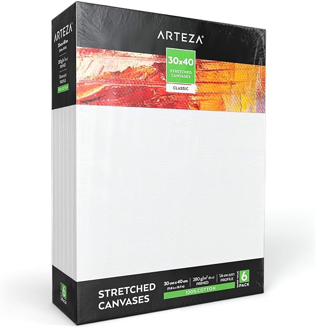 Arteza 30x40 cm Stretched Canvas, Pack of 6, 100% Cotton and Primed with Acid-Free Titanium Acrylic Gesso, for Professional Artists & Hobby Painters, Acrylic Pouring, Oil and Watercolour Painting