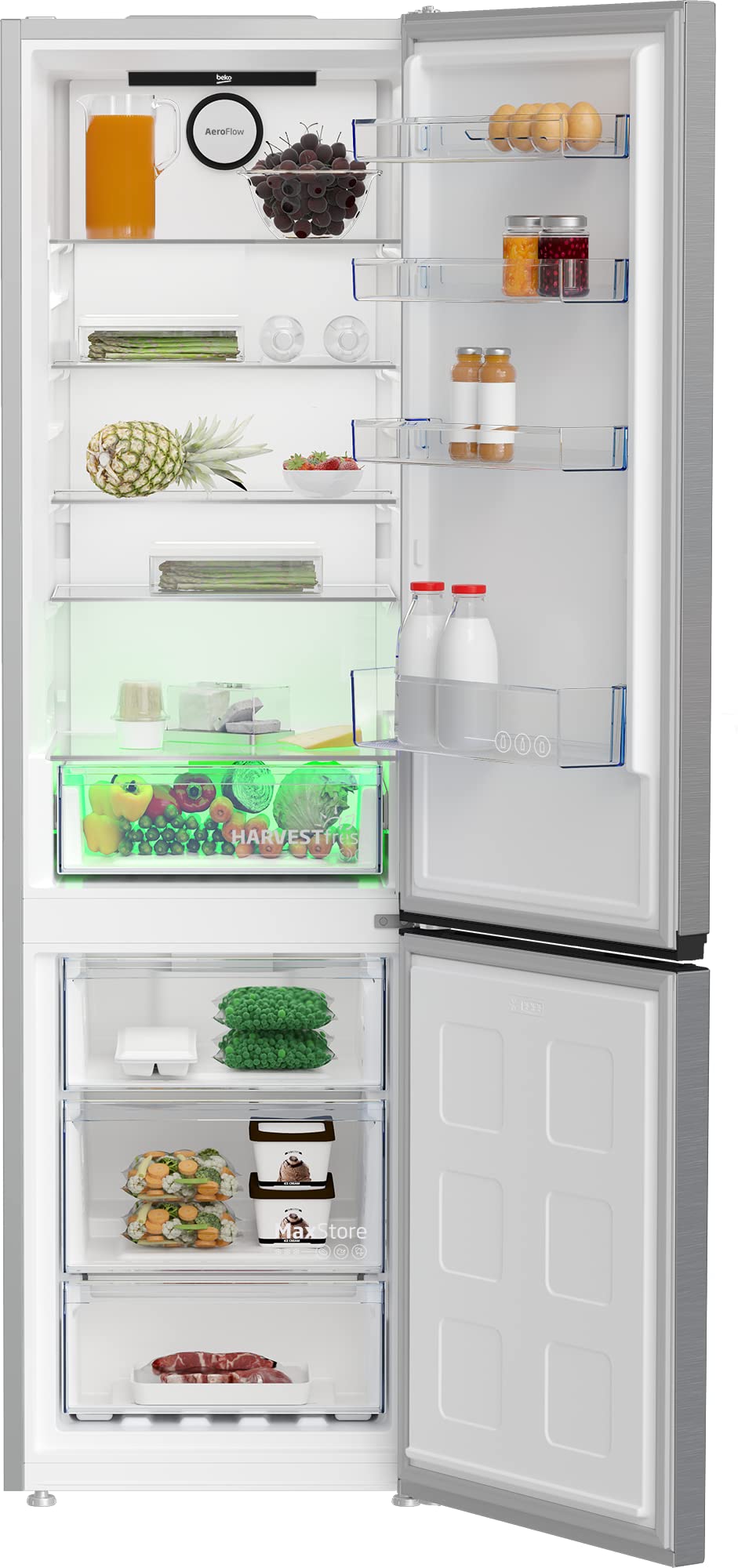 Beko bPRO 500 B5RCNA406HXB1 wolnostojąca lodówko-zamrażarka, duża lodówka, 355 l, NoFrost, Smooth Fit: 90 stopni, 3 szuflady zamrażarki, HarvestFresh, AeroFlow, wygląd stali nierdzewnej