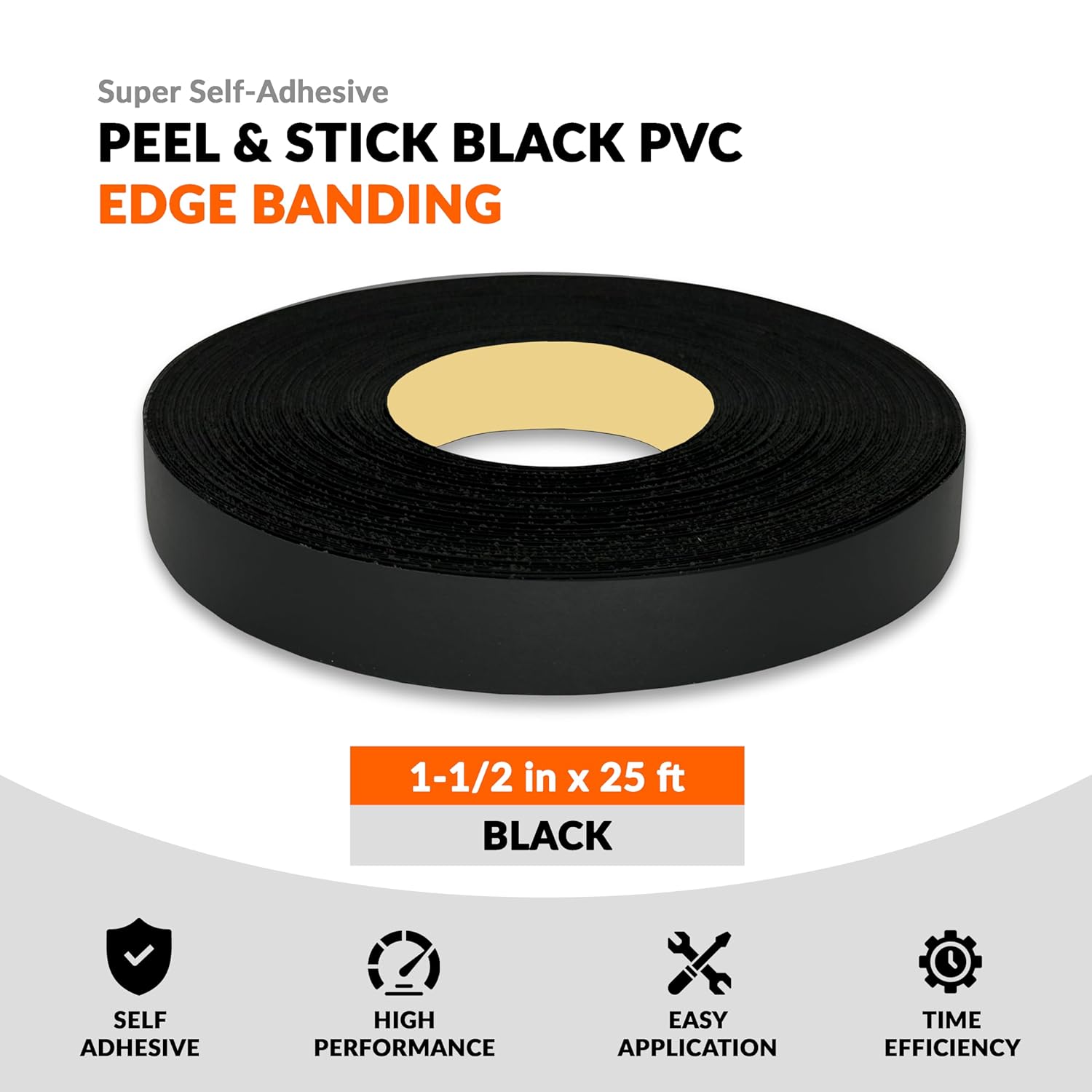 Black PVC 1-1/2 inch x 25 ft Edge Banding Peel and Stick Strong Adhesive Edging Trim Flexible and Durable Veneer for Wood Cabinate Laminate Shelf Restoration 1-1/2 in x 25 ft Black 1