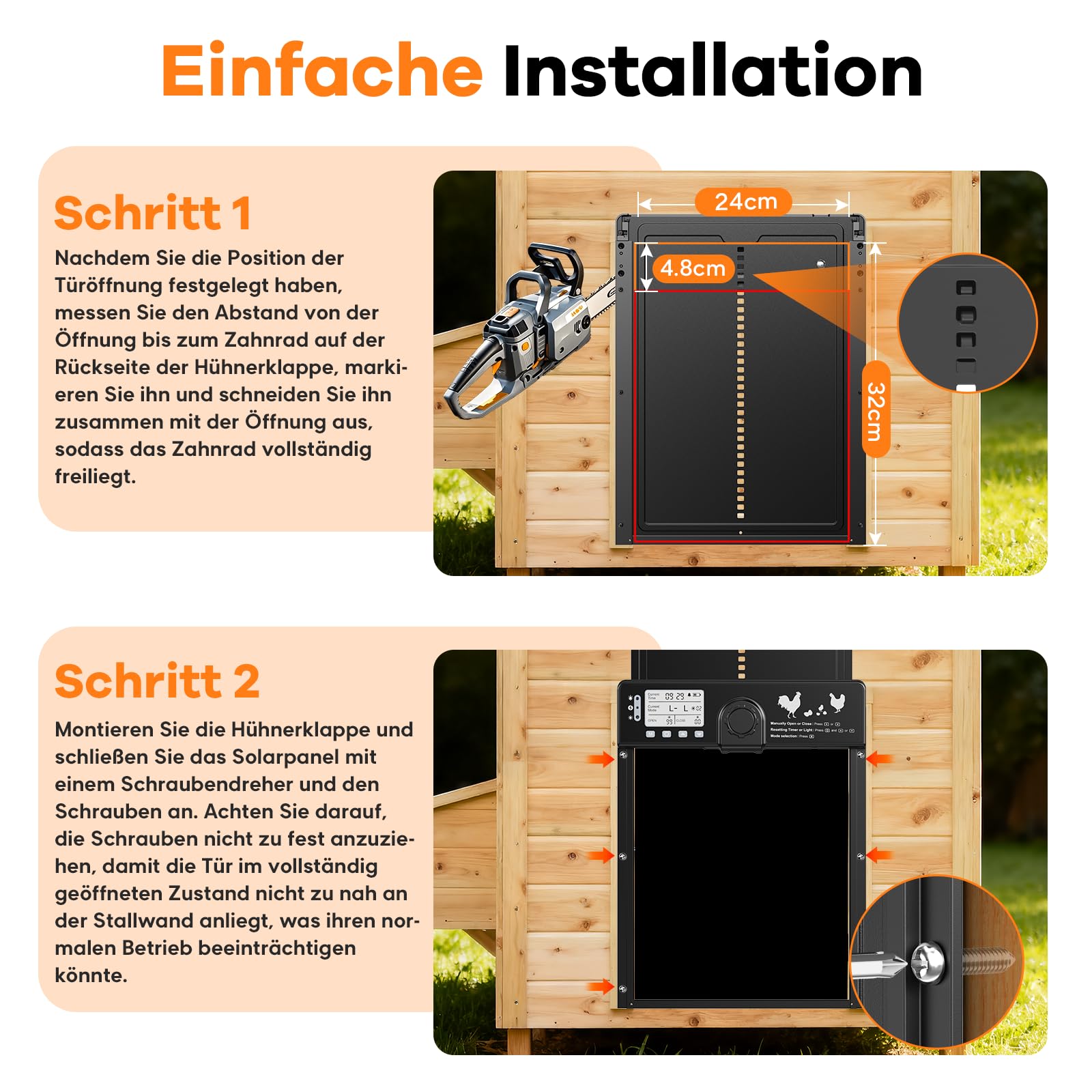 CHAMUTY Große Automatische Hühnerklappe Solar, Aluminum Elektrische Hühnerklappe Automatisch mit Lichtsensor, Zeitschaltuhr, LCD Display, 15M Fernbedienung, Intelligenter Einklemmschutz und Alarm