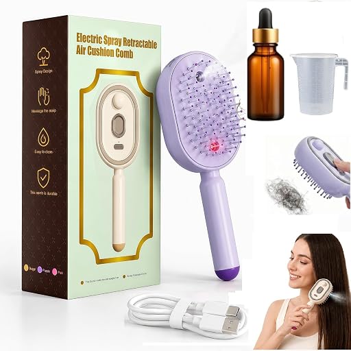 Electric Spray Air Cushion Massage Comb, Upgraded 5 in 1 Rechargeable Air Cushion Hair Brush, Retractable Self-Cleaning Steam Brush for Frizzy Hair & Scalp Care, Anti-Static & Detangling (Purple)