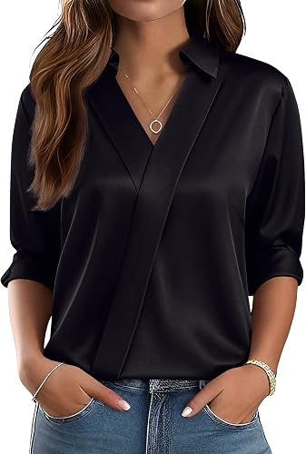 LOMON Long Sleeve Shirts for Women Dressy V Neck Satin Blouses Silk Tops | Business Casual Outfits,Dressy Casual Blouses,Trendy Fall Tops,Ladies Tops and Blouses,Women Fall Clothes,Early Fall Fashion - 70% off