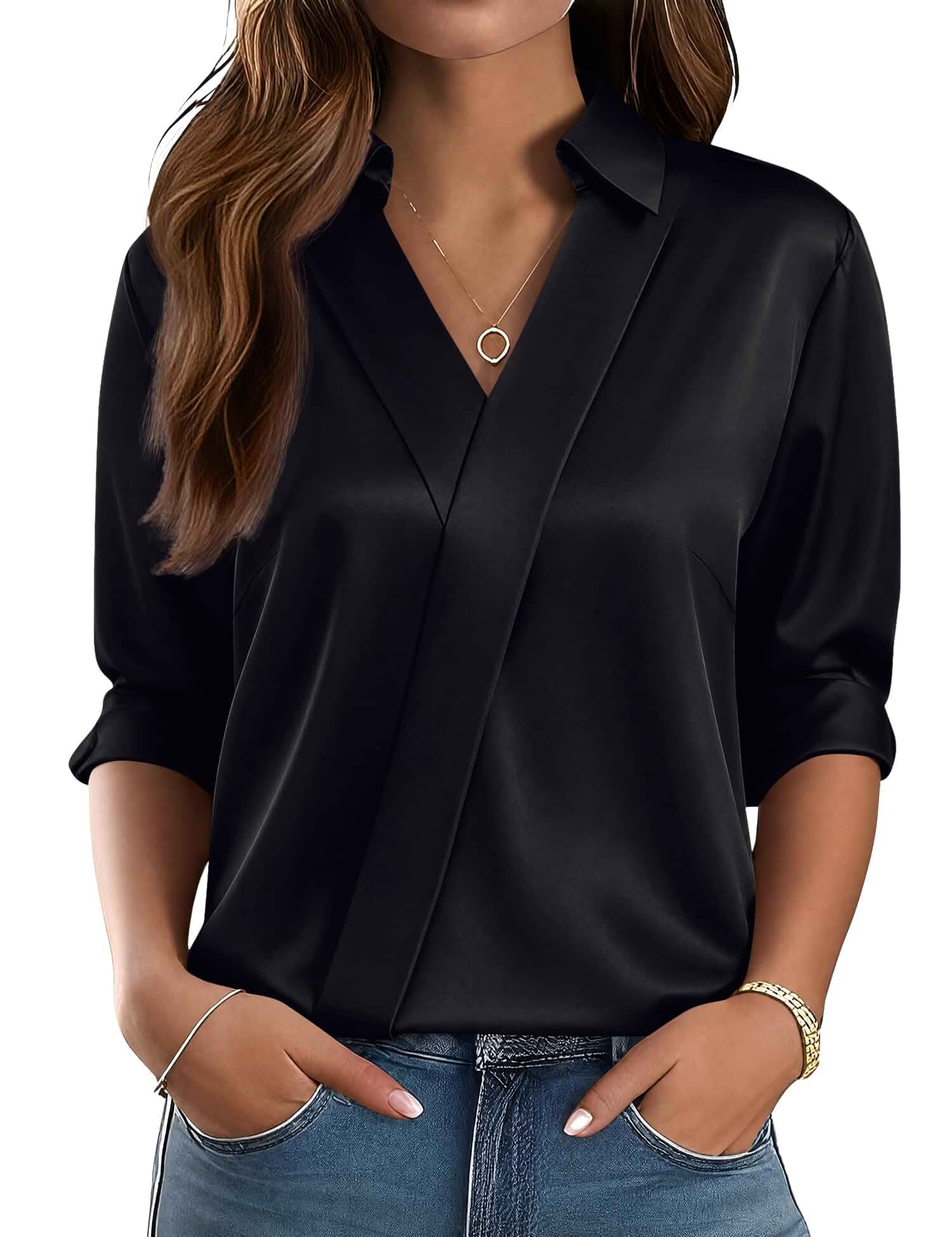 LOMON Long Sleeve Shirts for Women Dressy V Neck Satin Blouses Silk Tops Business Casual Outfits,Dressy Casual Blouses,Trendy Fall Tops,Ladies Tops and Blouses,Women Fall Clothes,Early Fall Fashion