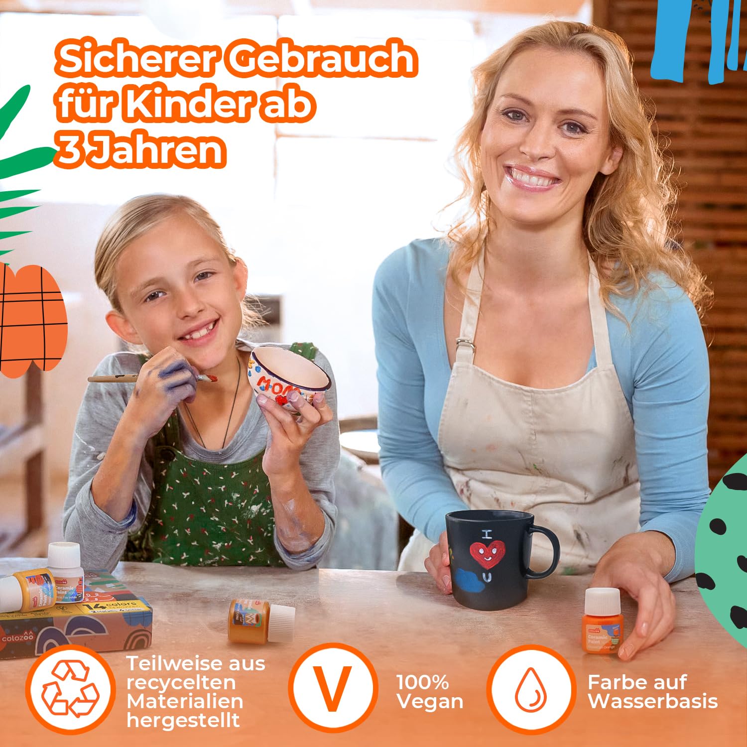colozoo Glas & Porzellanmalfarbe & Textilfarbe Set für Kinder & Hobby-Künstler, 28x20ml Bastelset zum Bemalen von Tassen, Keramik & T-Shirts, Spülmaschinenfest & Waschmaschinenfest