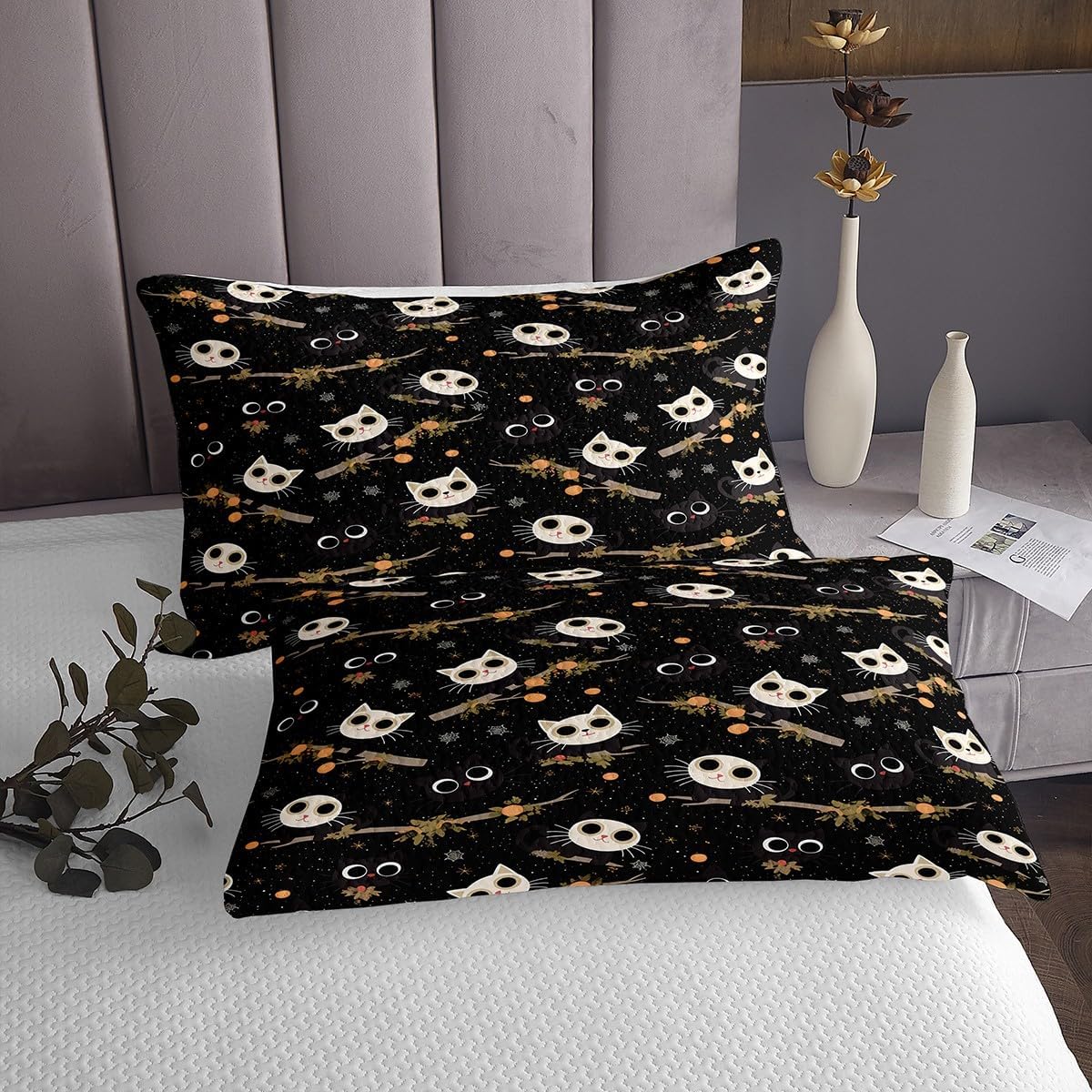 Happy Halloween Bedspread Queen Size,Black White Cat Tree Branch Bedding Set for Kids Girls Boys Room Decor,Spider Web Glitter Dot Quilt 3Pcs,Black Boho Animal Coverlet Set,2 Pillowcases