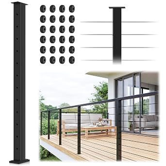 42" Black Cable Railing Posts, Flat Top Level Drilled Railing Line Post Kit System, Stainless Steel T304 Horizontal Hole Deck Railing Handrail Post for Commercial & Residential Project