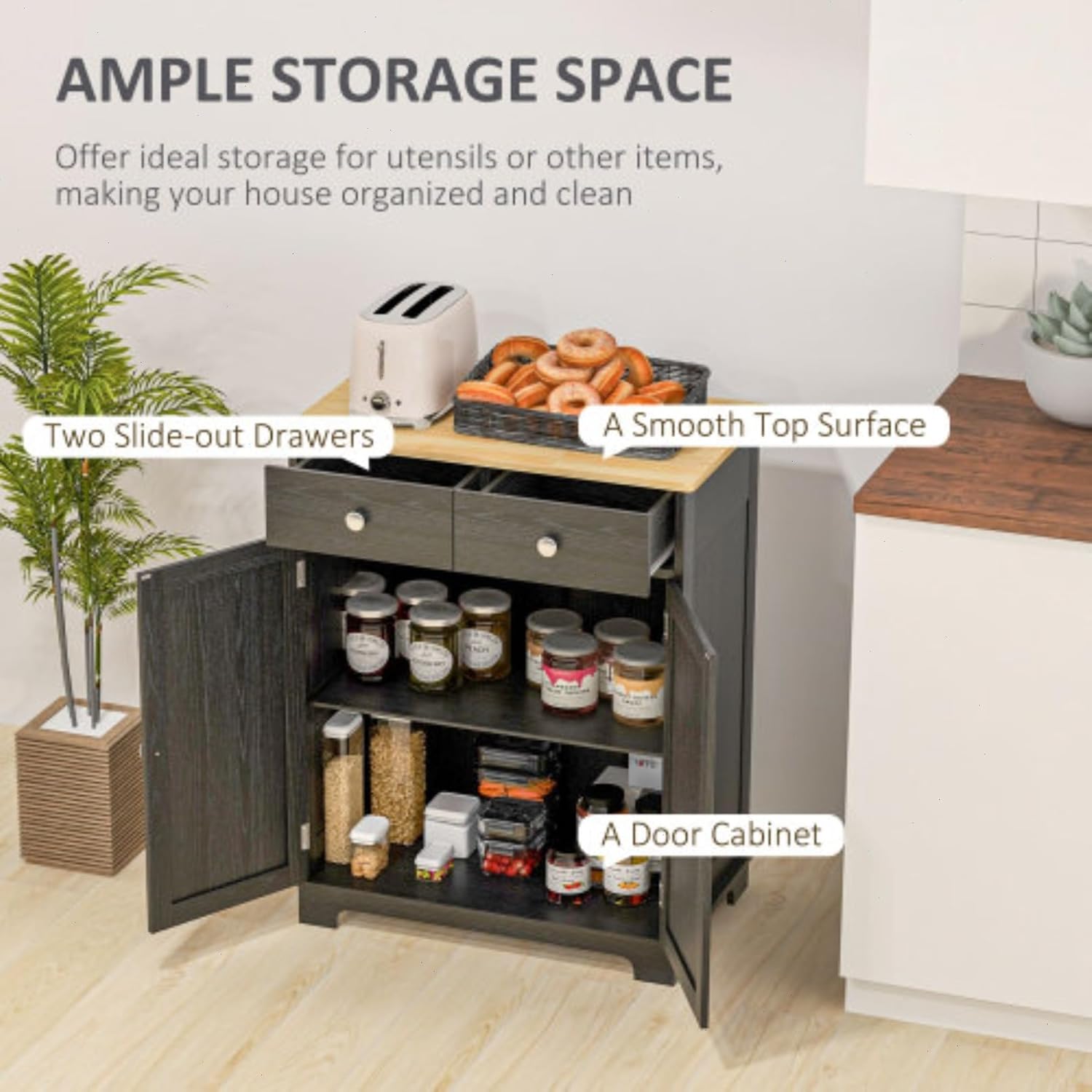 Sideboard Buffet Cabinet with Solid Wood Countertop, Modern Kitchen Storage Cabinet, Coffee Bar Cabinet with 2 Drawers, Doors and Adjustable Shelf, Black
