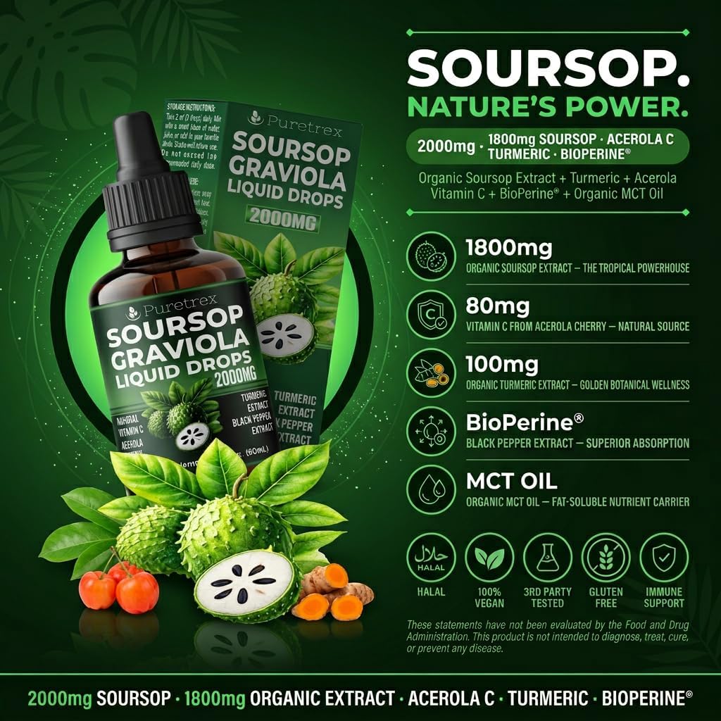Soursop Graviola Liquid Drops 2000mg, with Acerola Cherry, Turmeric Extract and Black Pepper Extract, 60mL (2 fl oz)