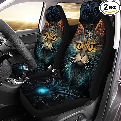 2 PCS Car Seat Covers 3D Boho Art Cat Print Front Auto Seat Cover, Breathable Car Bucket Seats Protector Covers Universal fit for SUV Sedan Van