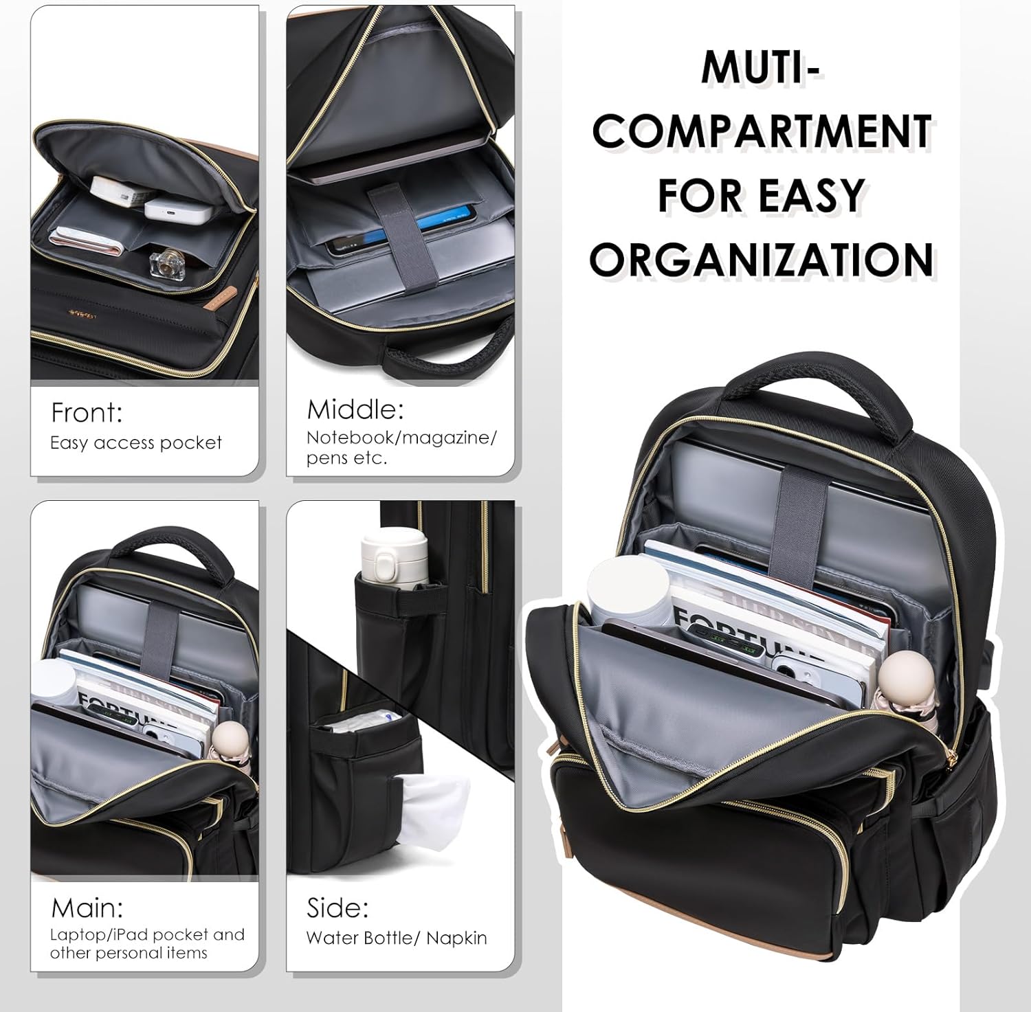 Laptop Backpack for Women,Travel Backpack with Laptop Compartment,Casual Daypack College Bookbag Computer Backpack for Work with Small Organizer Bag,Black - Image 3