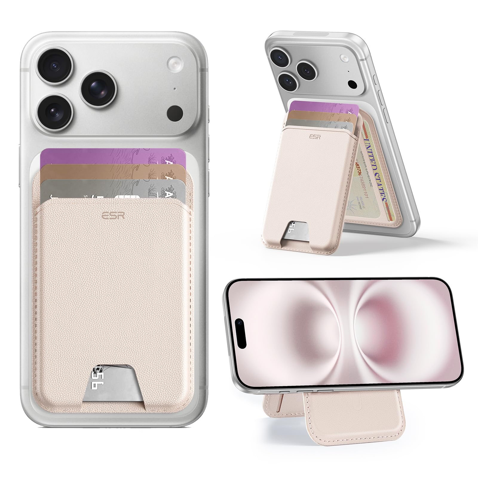 ESR for Aura MagSafe Wallet, 5 Card-Holder, Magnetic Wallet with Adjustable Stand, Slim MagSafe Card Holders for women, for iPhone 16/15/14/13/12 Series, Not for iPhone Mini, Vegan Leather,Cream Beige-image-3
