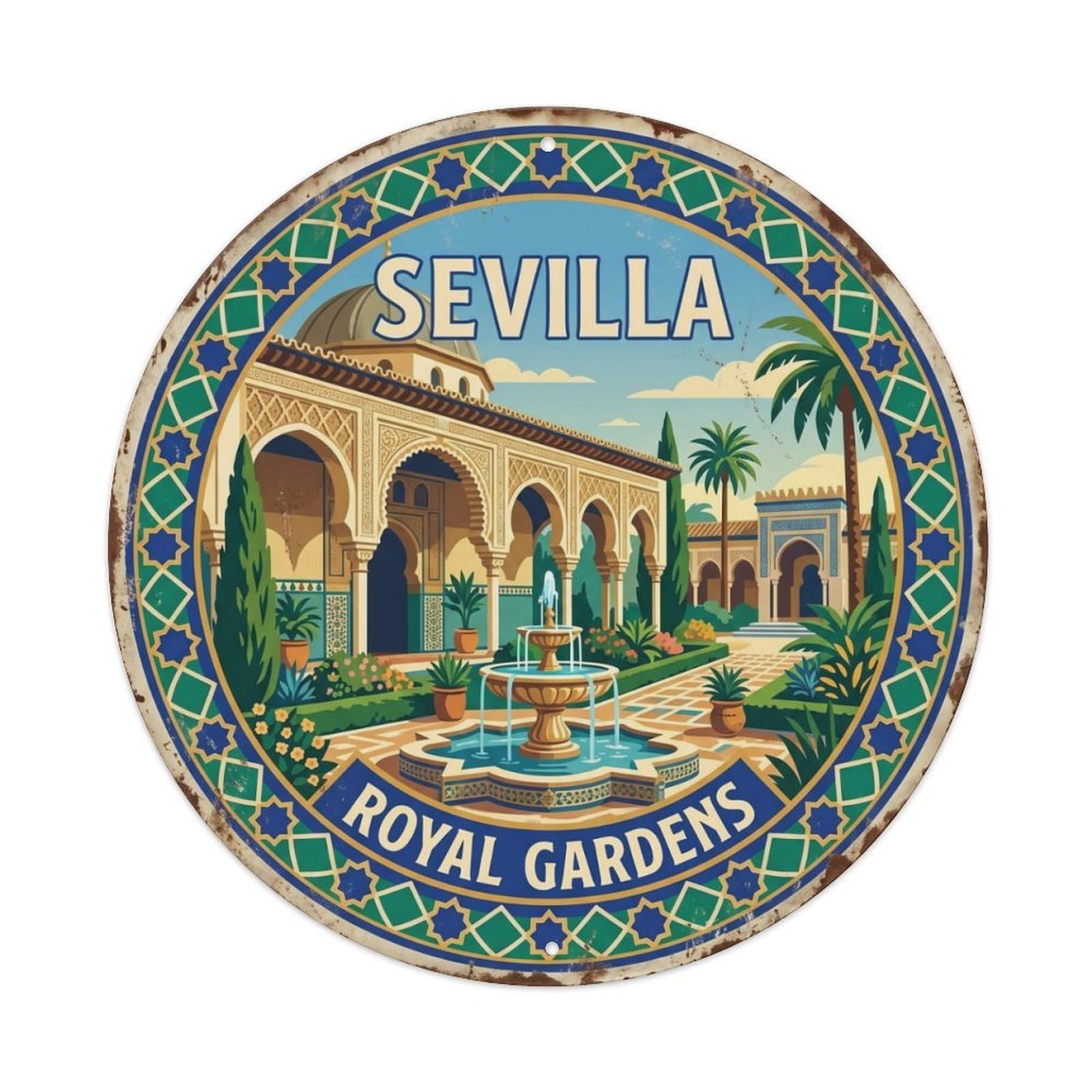 Vintage Travel Palace Sevilla Gardens Metal Tin Sign Plaque Wall Decor for Cafe, Club Bar, Office, Home Garden Round Metal Poster 8x8Inch