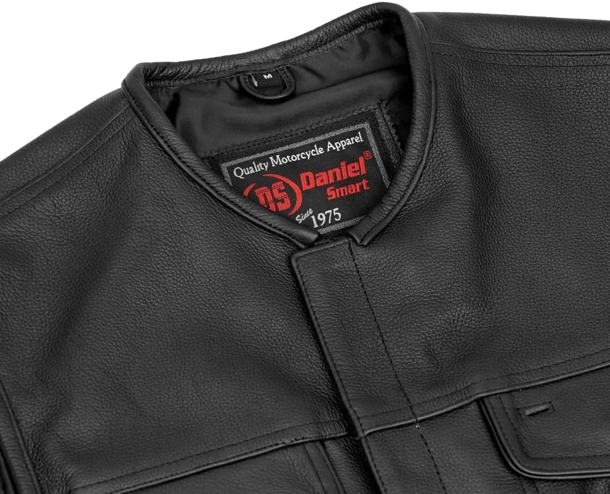 Daniel Smart Men’s Leather Vest - Premium Cowhide Motorcycle Leather Vest without Collar Design and pockets