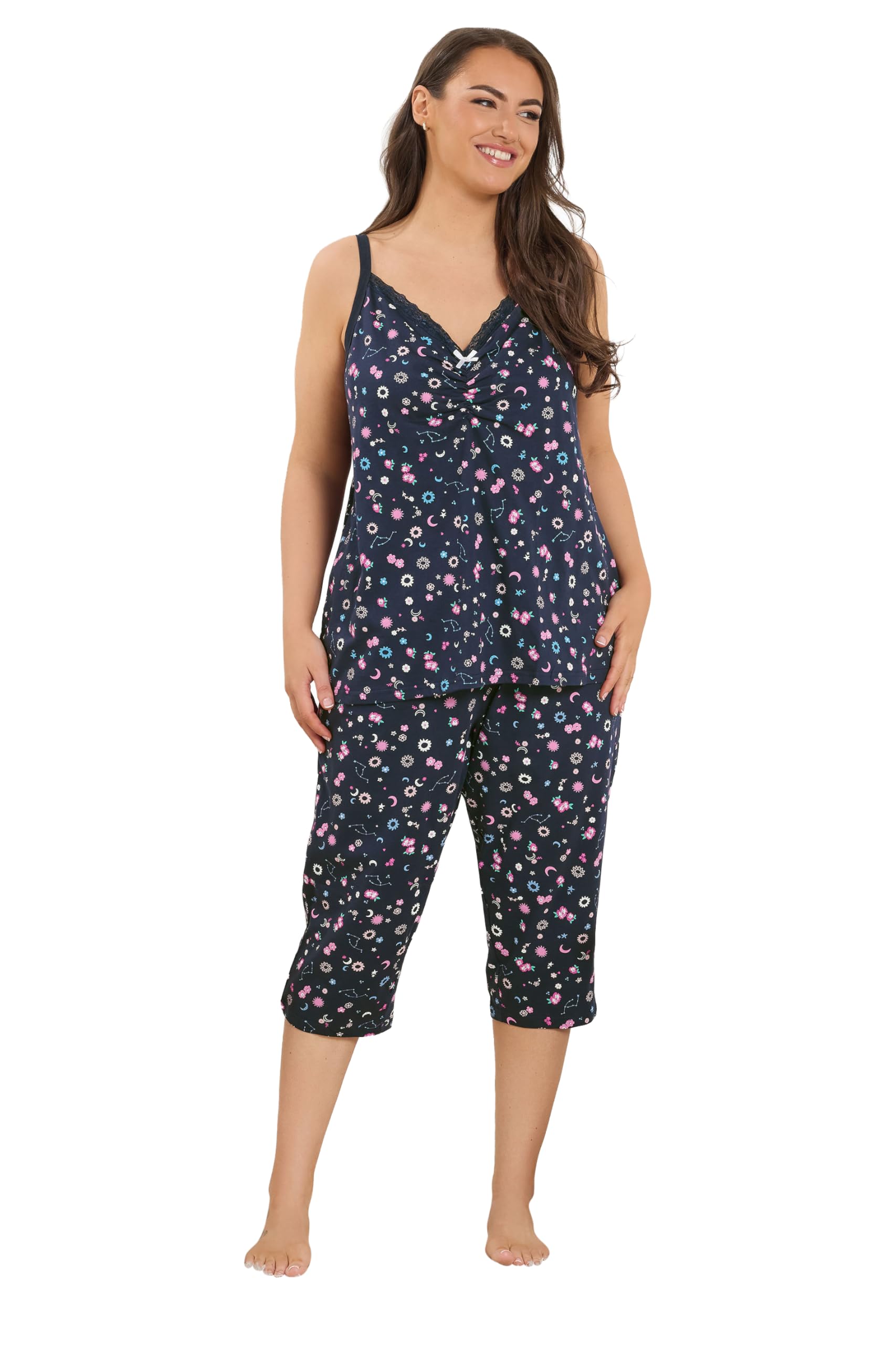 Yours Women's Dark Navy Ditsy Floral Cami Cropped Pyjama Set In | Size: 38/40
