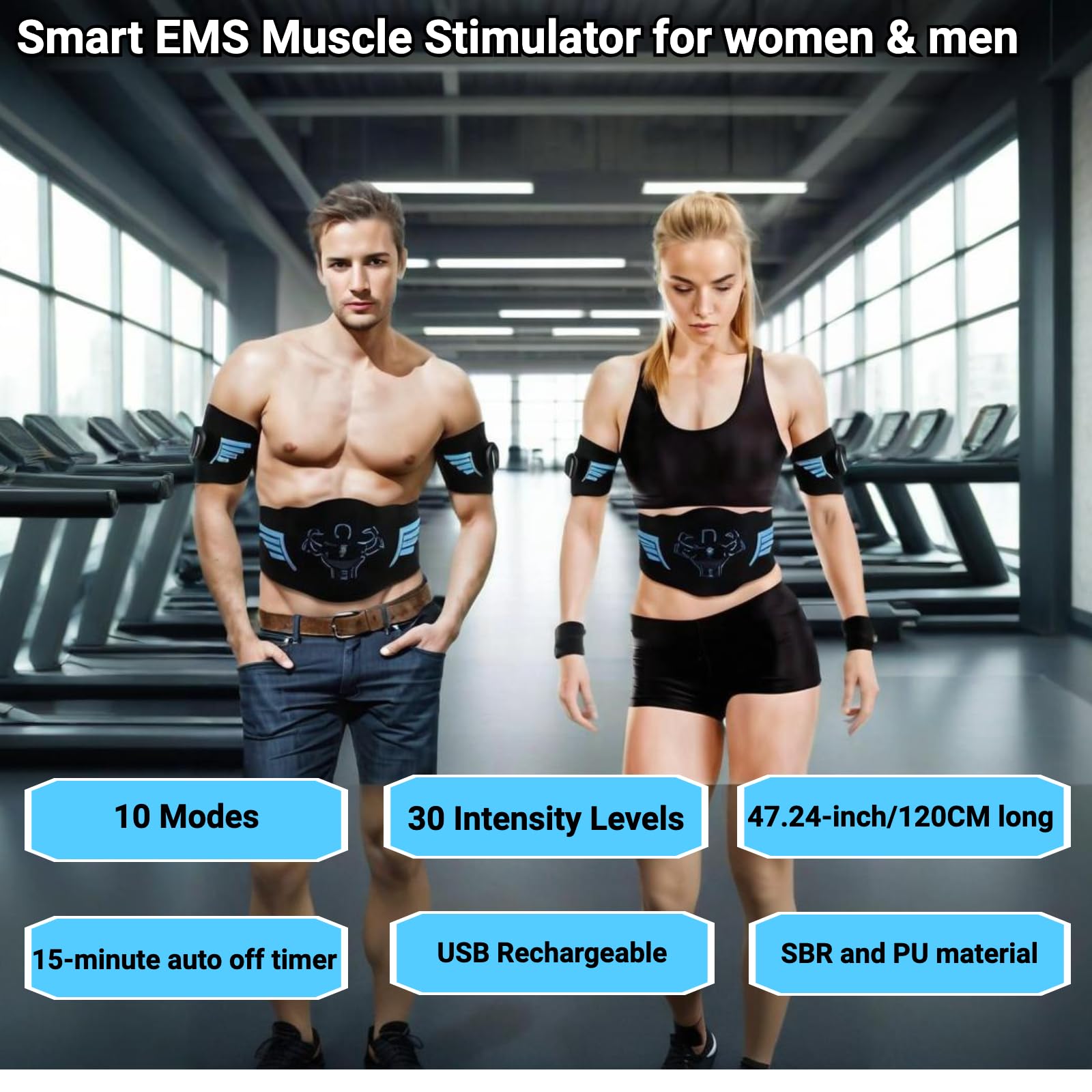 Stymulator mięśni EMS, 10 trybów, 30 poziomów pasa brzusznego z ładowarką USB, timer, przenośny sprzęt fitness do domowego biura do treningu ramion i odchudzania