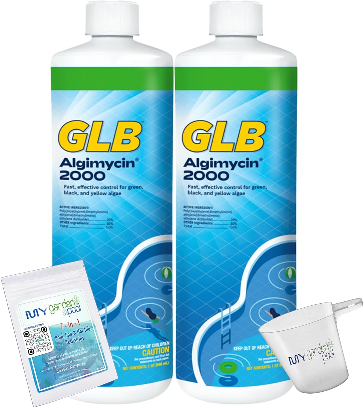 GLB Algimycin 2000 Algaecide 32 FL OZ 71104A with My Garden Pool 7 in 1 Test Strips, Measuring Cup and Pool-IQ, 2 Pack