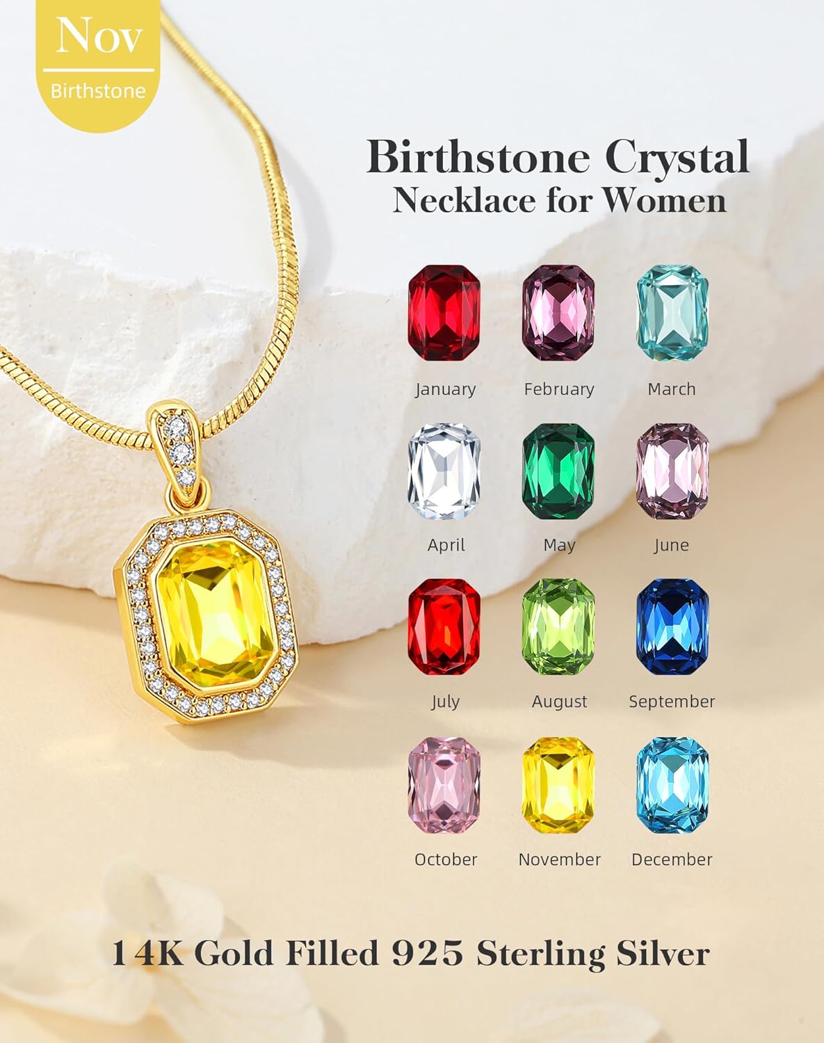 Valentine's Day Gifts for Her 14K Plated Gold Necklace for Women Square Crystal Necklace with Snake Chain Gold Jewelry for Womens Birthday Gifts for Wife Birthstone Necklaces for Wife Jewelry for Girlfriend Gift for Anniversary Wedding Valentines Mother's Day - Image 3