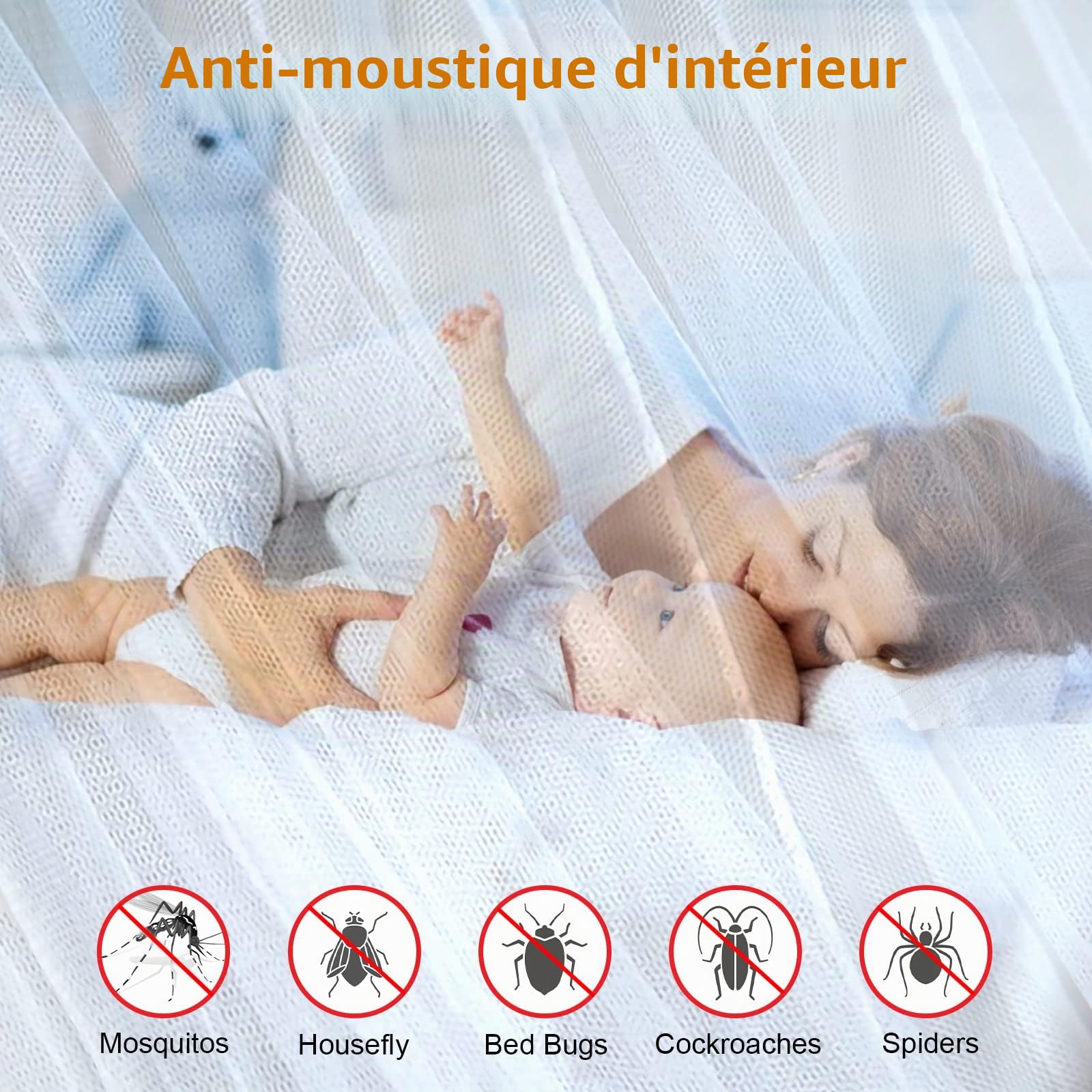Opamoo Moustiquaire de Lit à Quatre Portes - Grand Baldaquin pour Soler Efficacement Les Moustiques - Pour Lit Double et Simple (190 x 240 x 210 cm)