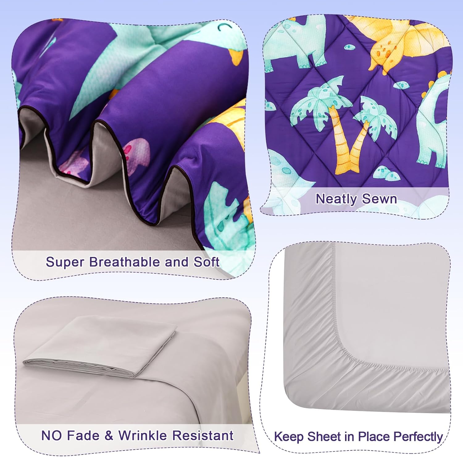 Wowelife Dinosaur Toddler Bedding Set for Boys, Premium 4 Piece Toddler Comforter Set Purple with Flat Sheet, Fitted Sheet, Comforter and Pillowcase