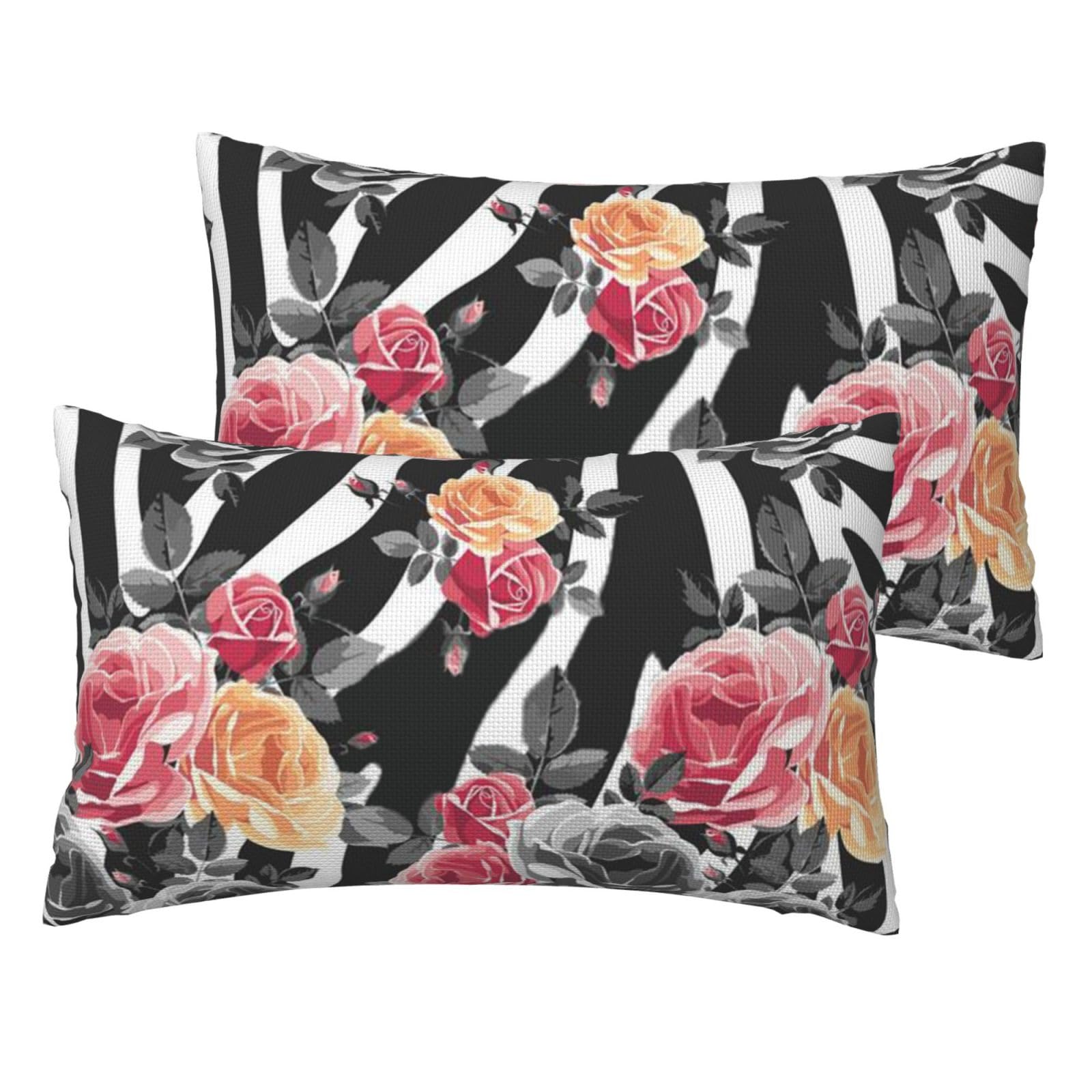 Taies d'oreiller en lin imitation motif roses et zèbre - Lot de 2 housses 45x45 cm pour canapé