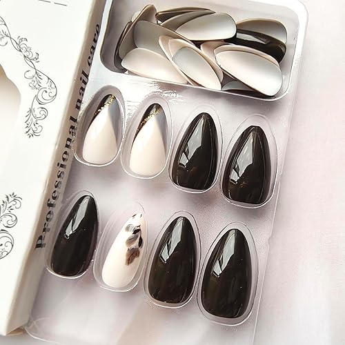 Miniatura 2 de Uñas postizas a presión de almendra, color negro brillante, diseño de líneas doradas, uñas acrílicas, hojas verdes negruzcas, uñas postizas de