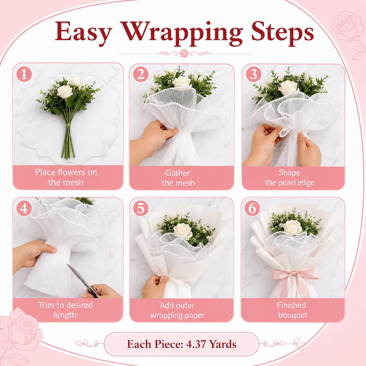 2-Pack Black & White Floral Wrapping Mesh Paper 4.37 Yards, Pearl-Edge Wrinkled Translucent Bouquet Packaging Paper for Flowers, Crinkled Sheer Bouquet Papers for Florist Arrangements Gift Packaging