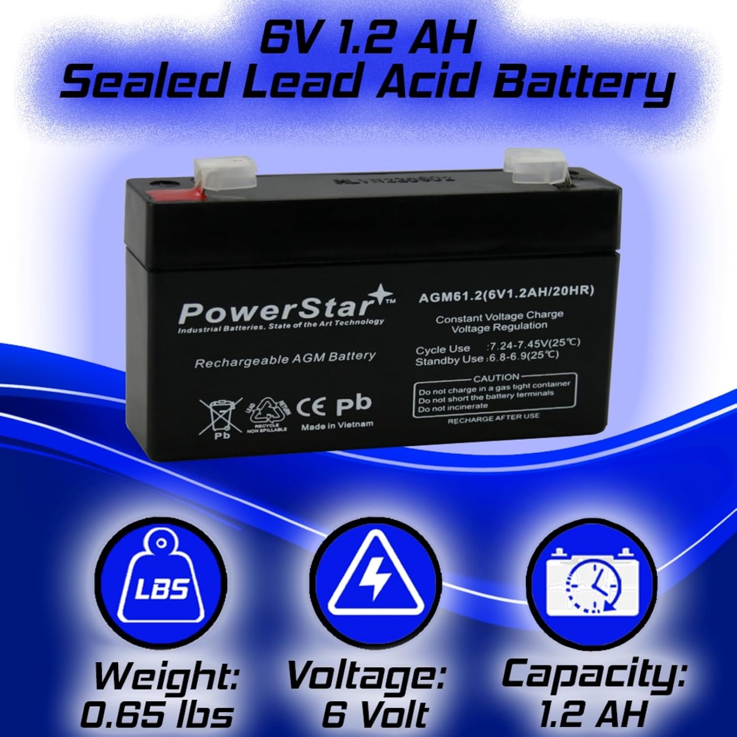 PowerStar Battery Replaces pc612 ub613 np1.2-6 ps-612 6V 1.2AH SLA