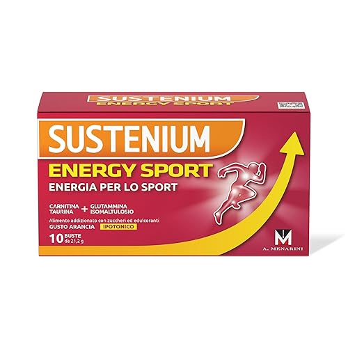 Sustenium Energy Sport, Energizzante per Sportivi con Taurina, Carnitina, Glutammina, Vitamina E, Vitamina C, Zinco e Sali Minerali. 10 Bustine al Gusto Arancia.