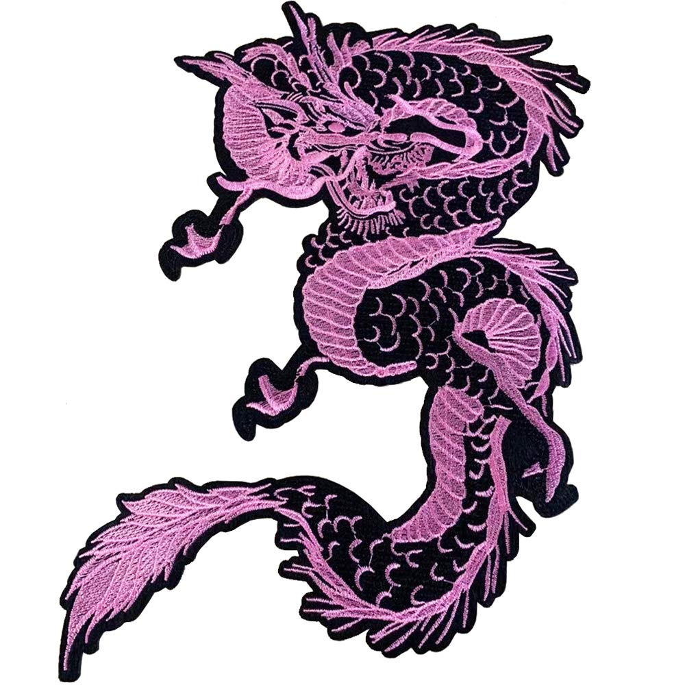 TOOBIT Large Dragon Embroidered Applique Iron On Sew On Patch 13.4''Suitable for DIY Jeans, Jackets, Clothing, Bags (Pink)
