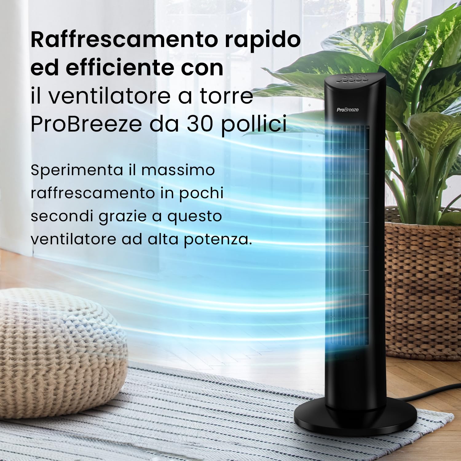 Pro Breeze Ventilatore a Torre Oscillante - 60W Con Timer 7,5 ore e Telecomando - Oscillazione a 70° Gradi e 3 Modalita di raffreddamento- Altezza 79 cm