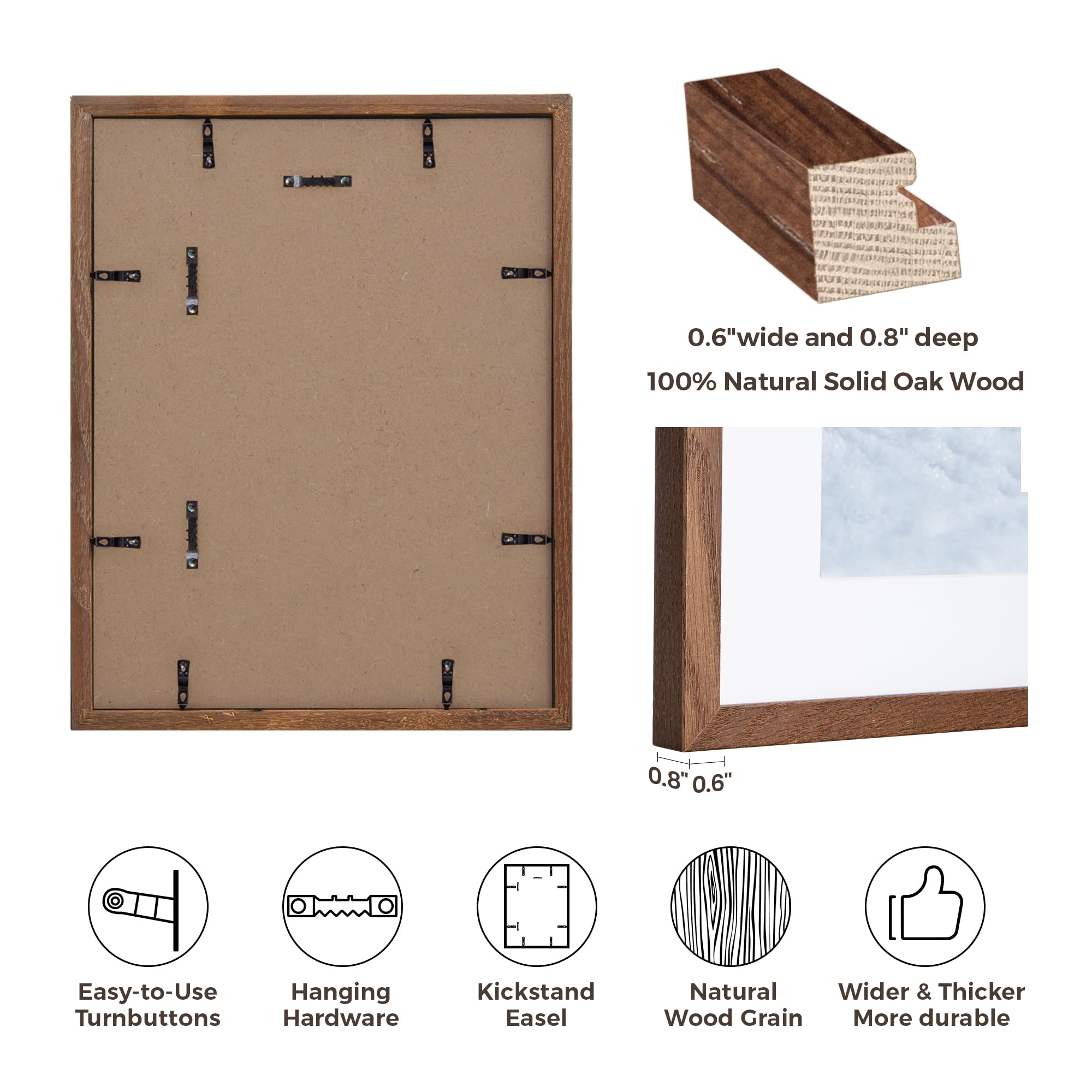11x14 Frame Walnut Poster Frame 11x14 inch Picture Frames Large Solid Oak Wood 11x14 with Mat for 8x10 Inch Picture Frames Hang Portrait or Landscape for Wall Gallery Decor Art with Tempered Glass - Image 3