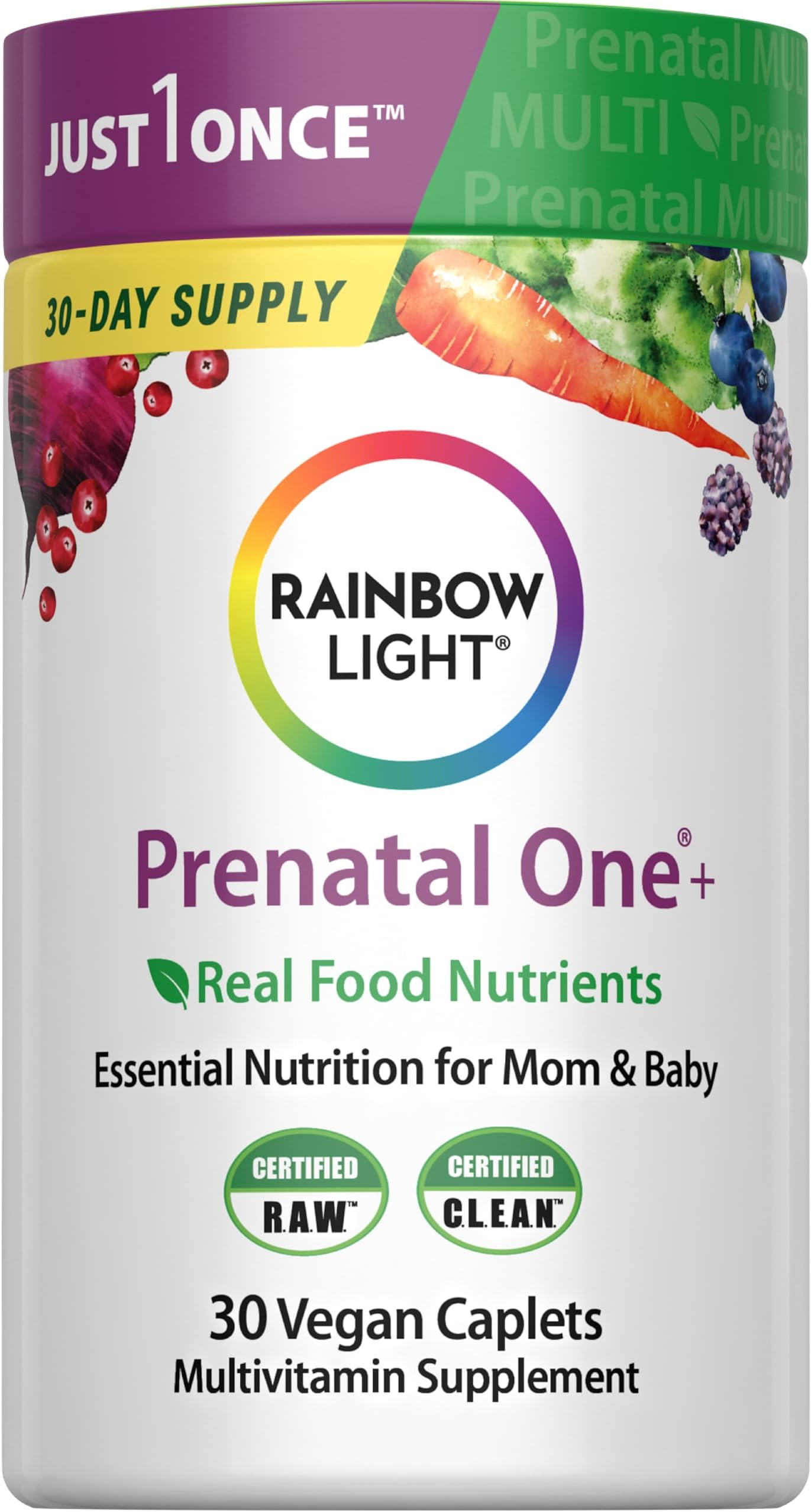 Rainbow Light Prenatal Multivitamin One + for Women | 30 Caplets | Essential Nutrition for Mom & Baby | Real Food Nutrients | with Iron, Vitamins, Folate, Biotin and More
