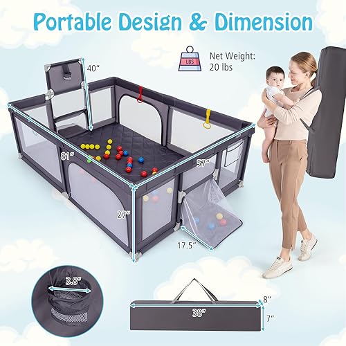 Miniatura 2 de Costzon Corralito grande para bebés, 81 x 57 pulgadas, corralito para bebés y niños pequeños con aro de baloncesto y redes de fútbol, anillos de