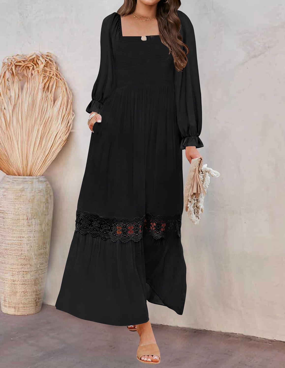 ZESICA Women's 2026 Boho Long Sleeve Square Neck Smocked High Waist Flowy A Line Lace Trim Maxi Dress - Image 5